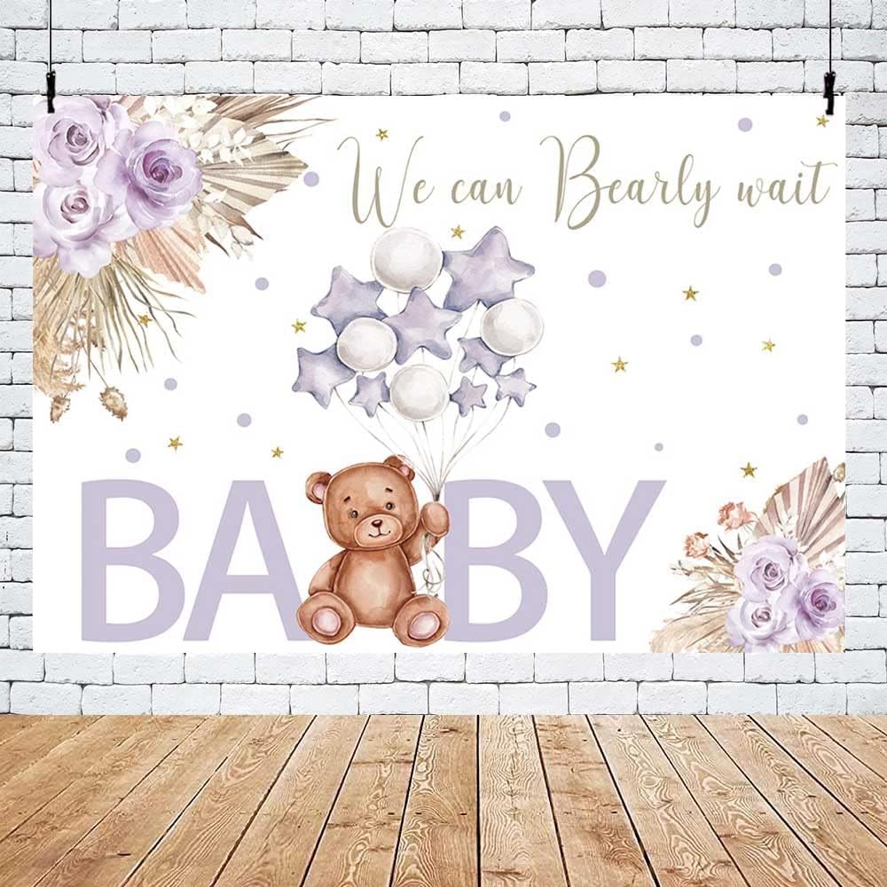 Telón de fondo de baby shower de oso bohemio de 7 x 5 pies para niña, color morado rubor, fondo floral bohemio para fotografía con texto en inglés
