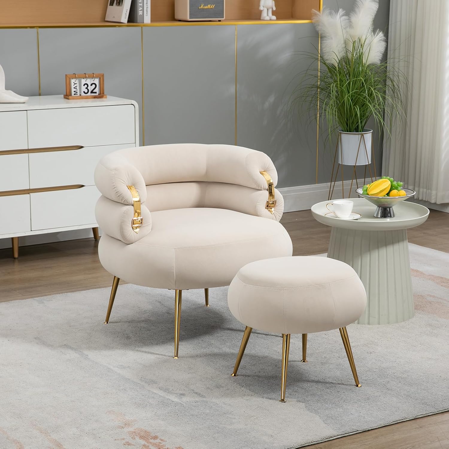 Silla decorativa de terciopelo con otomana, cómoda silla de barril tapizada, moderno sillón copetudo con respaldo único y patas de metal dorado para