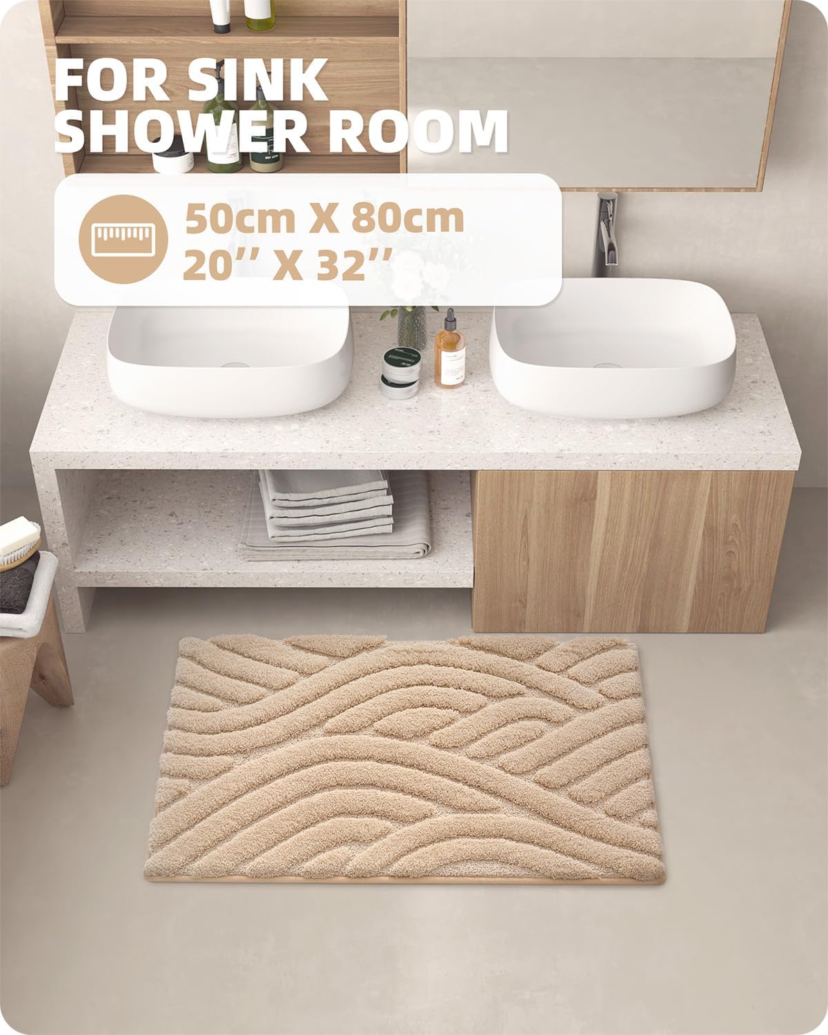 Color&Geometry Alfombra de baño beige absorbente para ducha, 20 x 32 pulgadas, antideslizante, para baño, suave y lavable, tapete de baño pequeño,