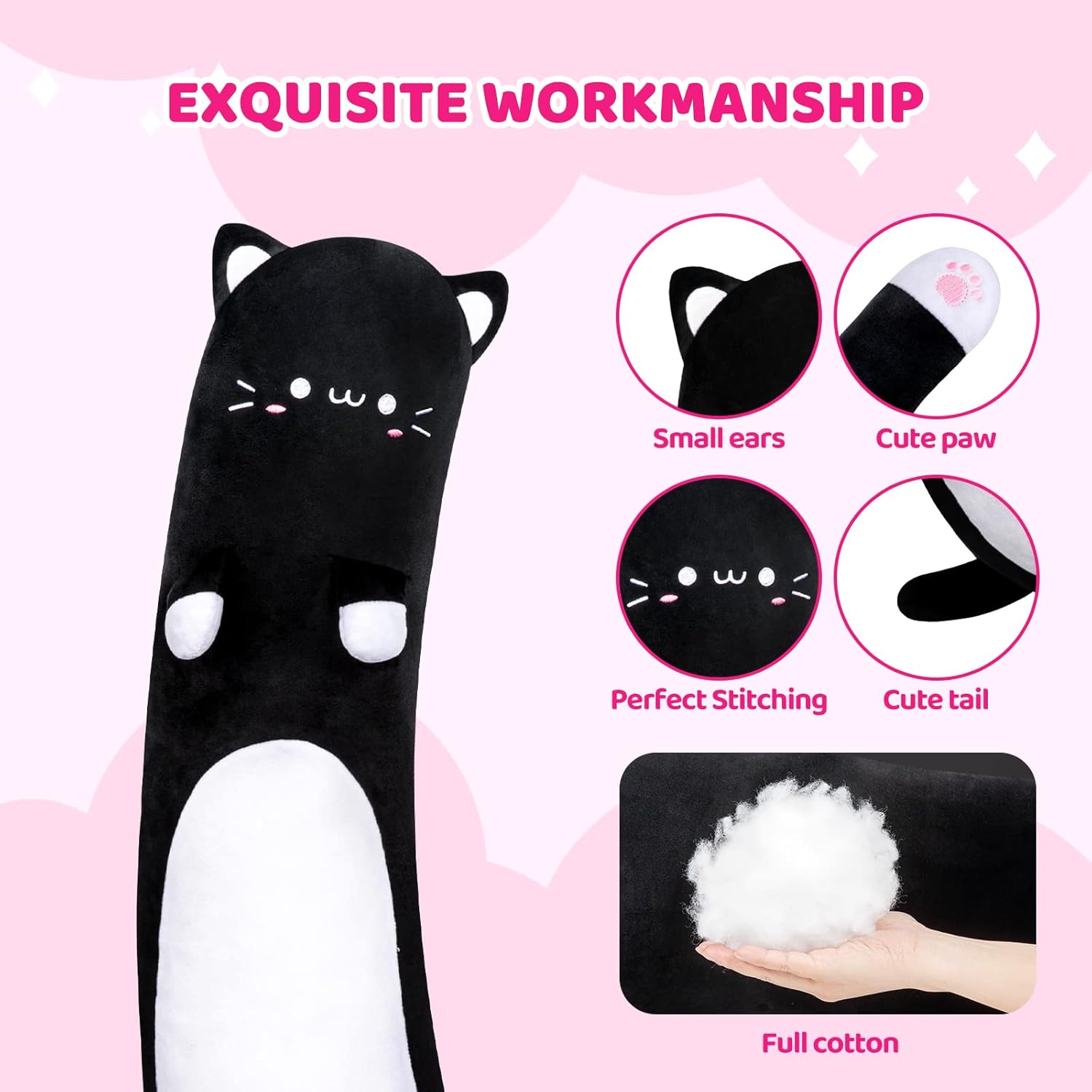 Almohada larga de peluche con forma de gato  Almohada esponjosa de animales de peluche de gato negro de 35 pulgadas, bonita almohada de peluche para