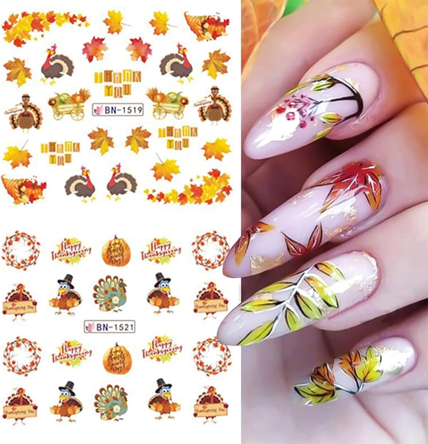 Calcomanías de arte de uñas de otoño, calcomanías de uñas de Acción de Gracias, hoja de arce, pavo, transferencia de agua, calcomanías de uñas de