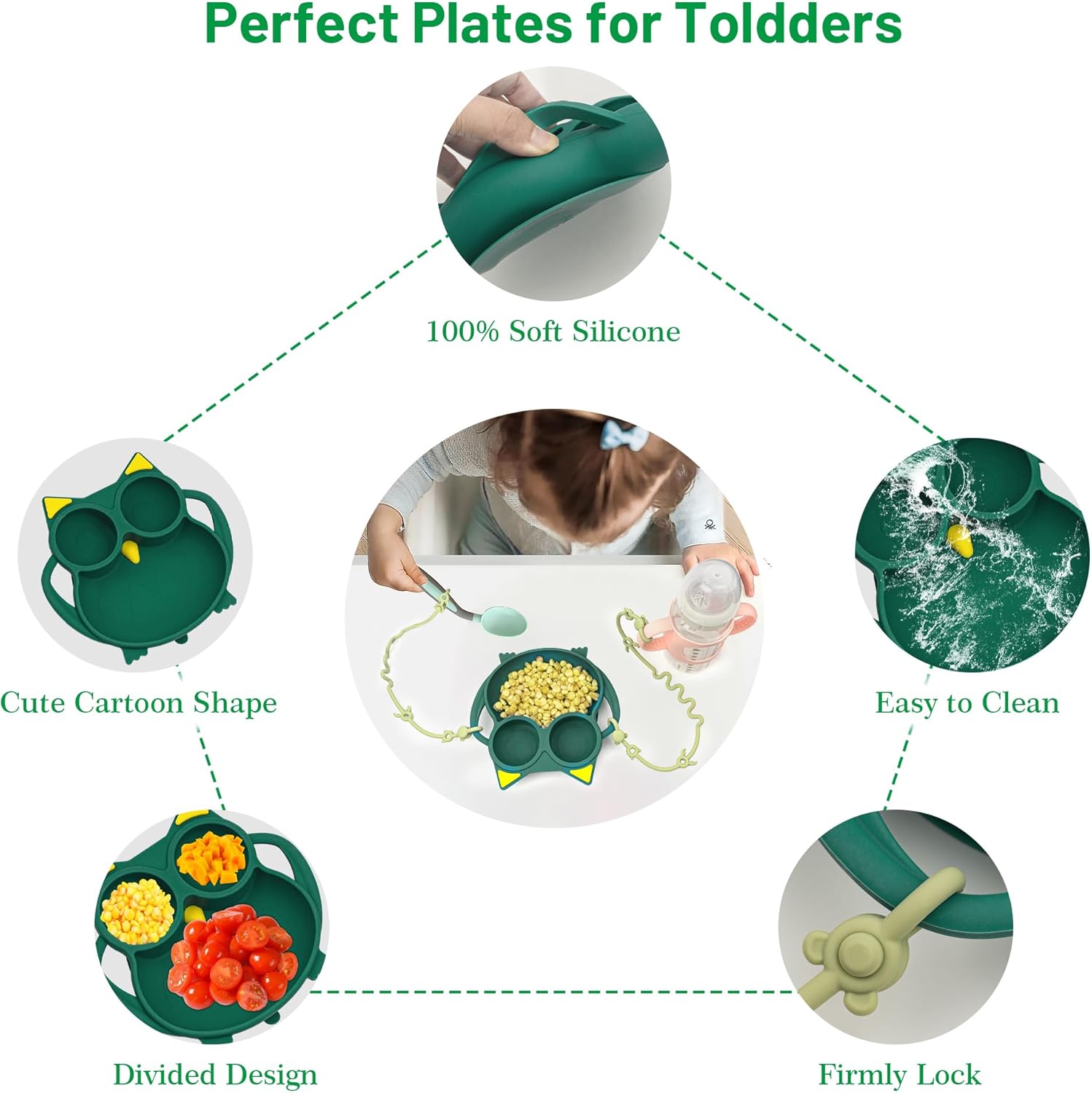 Placa de succión de silicona con 2 correas ajustables, juego de platos divididos antideslizantes para niños pequeños, apto para lavavajillas (búho,