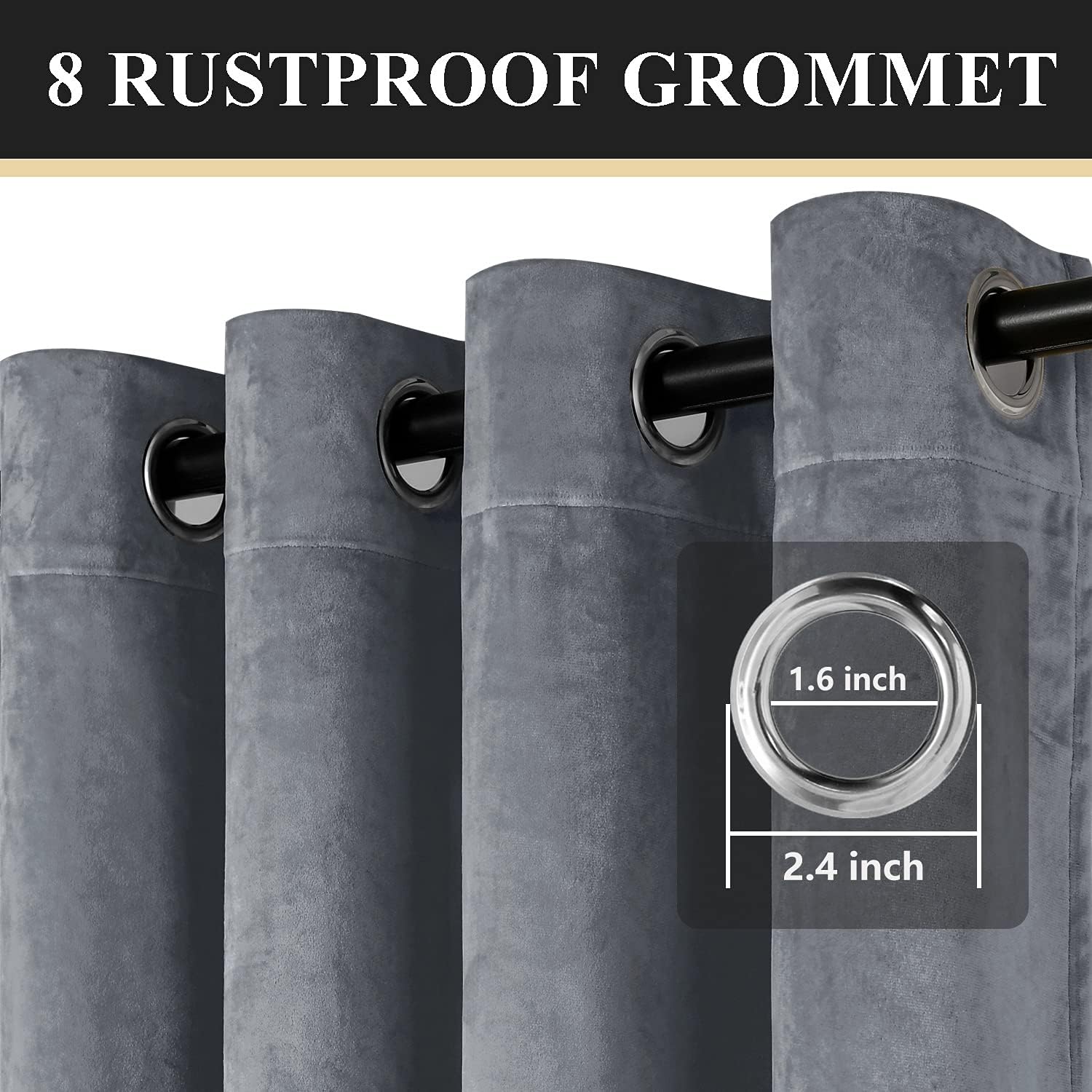 Hiasan Cortinas de terciopelo gris 100% opacas para dormitorio con alzapaños, doble capa de oscurecimiento de la habitación, aislamiento térmico y