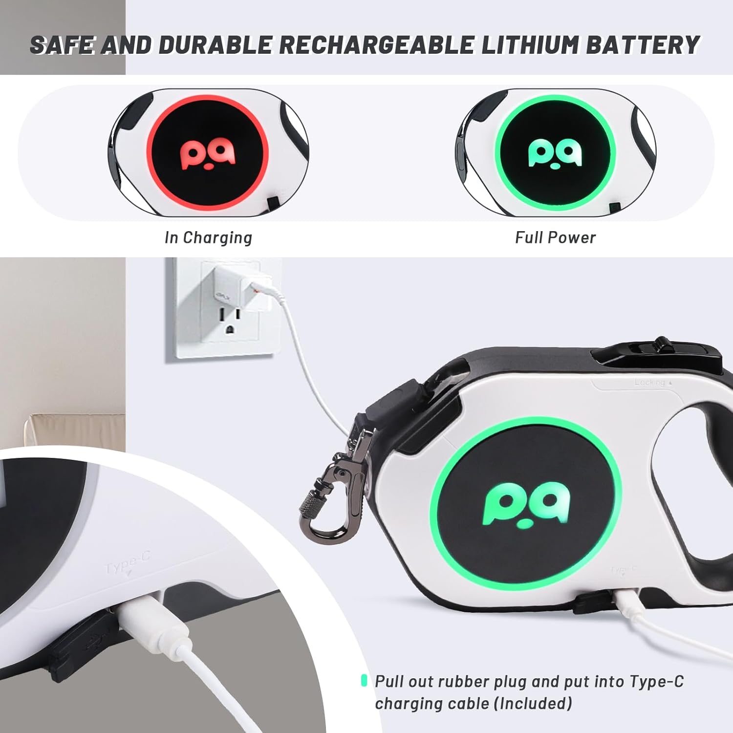 QQPETS Correa retráctil para perro con luz LED recargable, cinta de nailon resistente de 16 pies para paseos nocturnos de hasta 88 libras de
