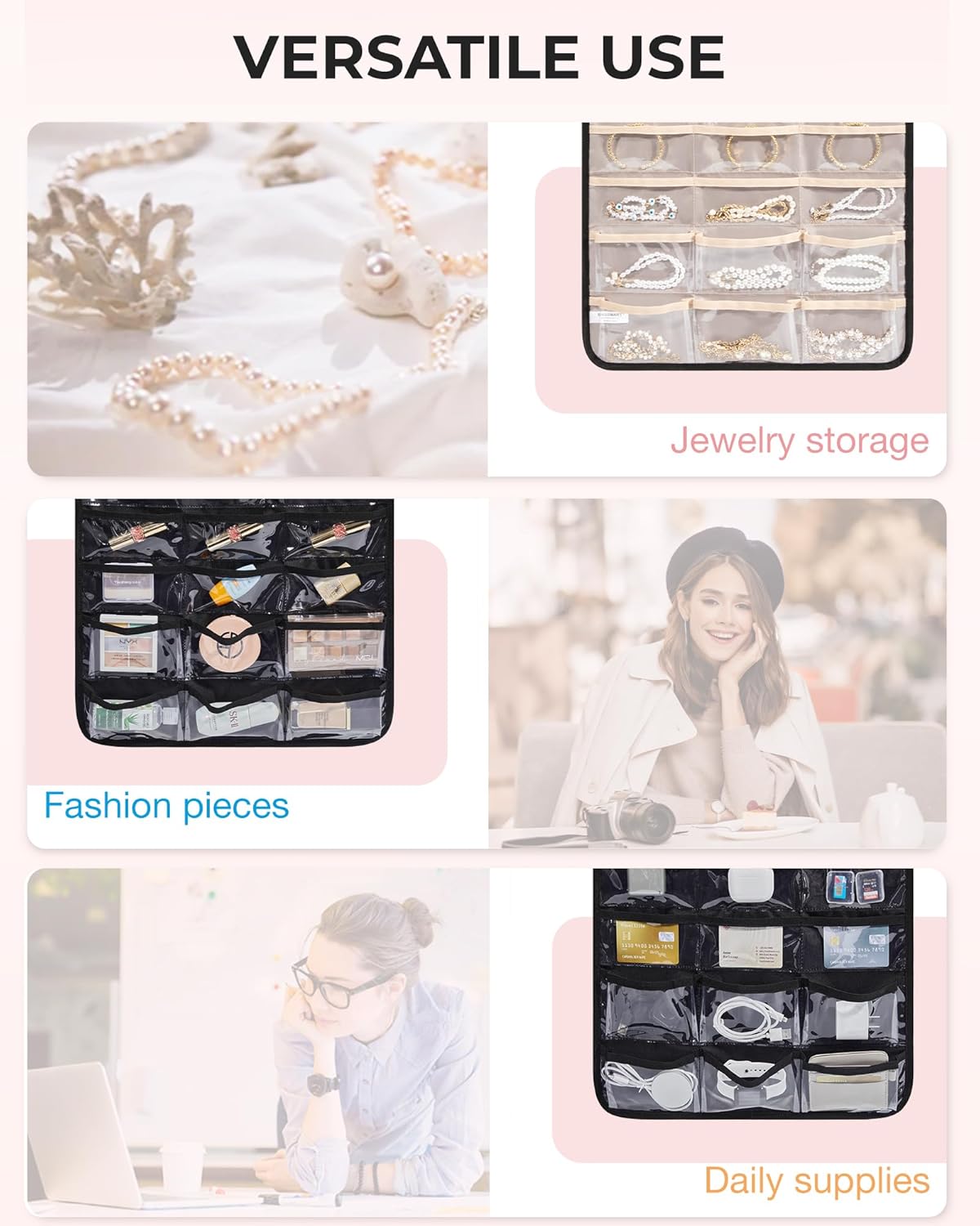 BAGSMART Organizador colgante de joyas, organizador de accesorios, organizador de aretes de 68 bolsillos para sostener joyas en la pared, extra