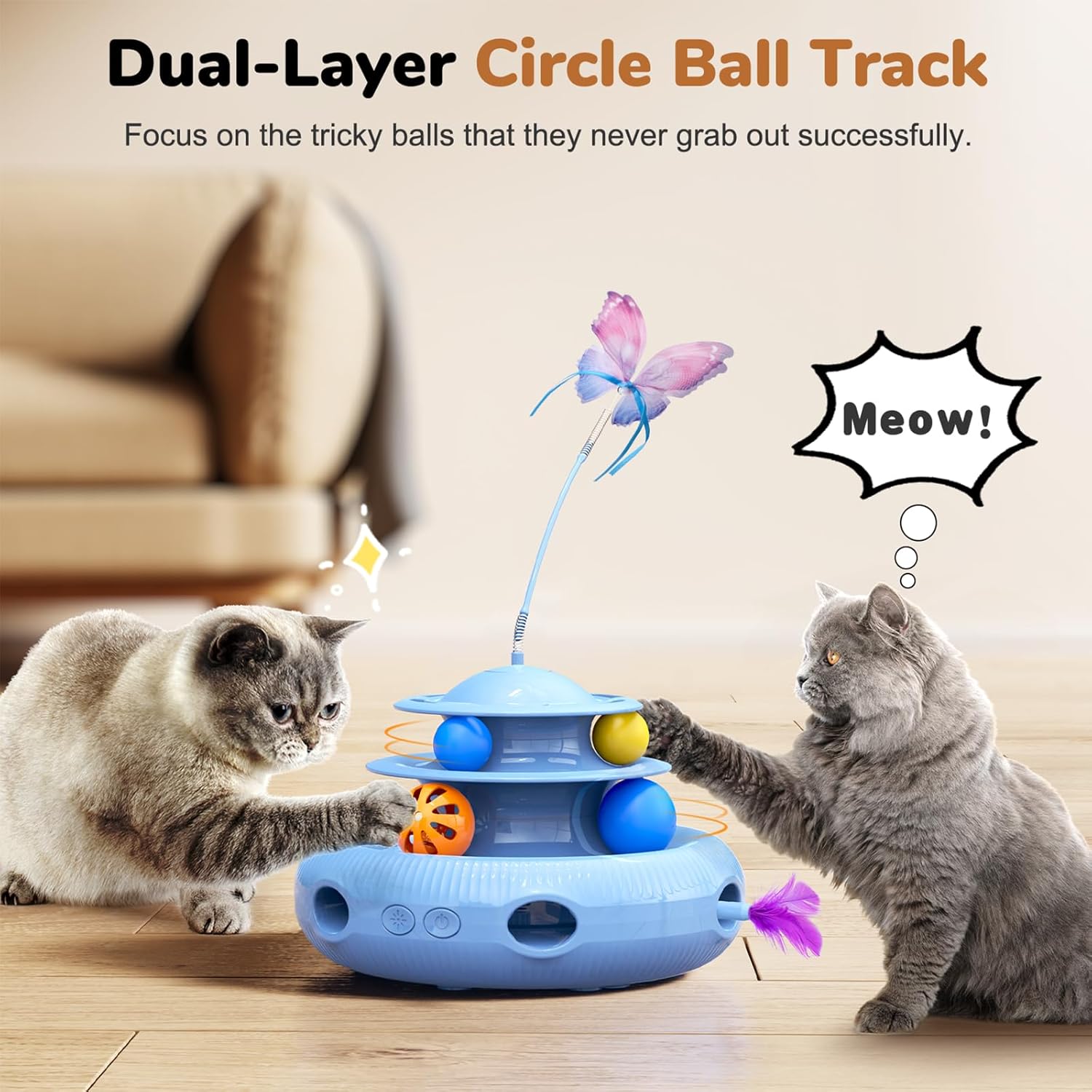 AIDIAM Juguetes para gatos, juguete interactivo automático recargable 4 en 1 con mariposa aleteante, pluma de emboscada móvil aleatoria, bolas de