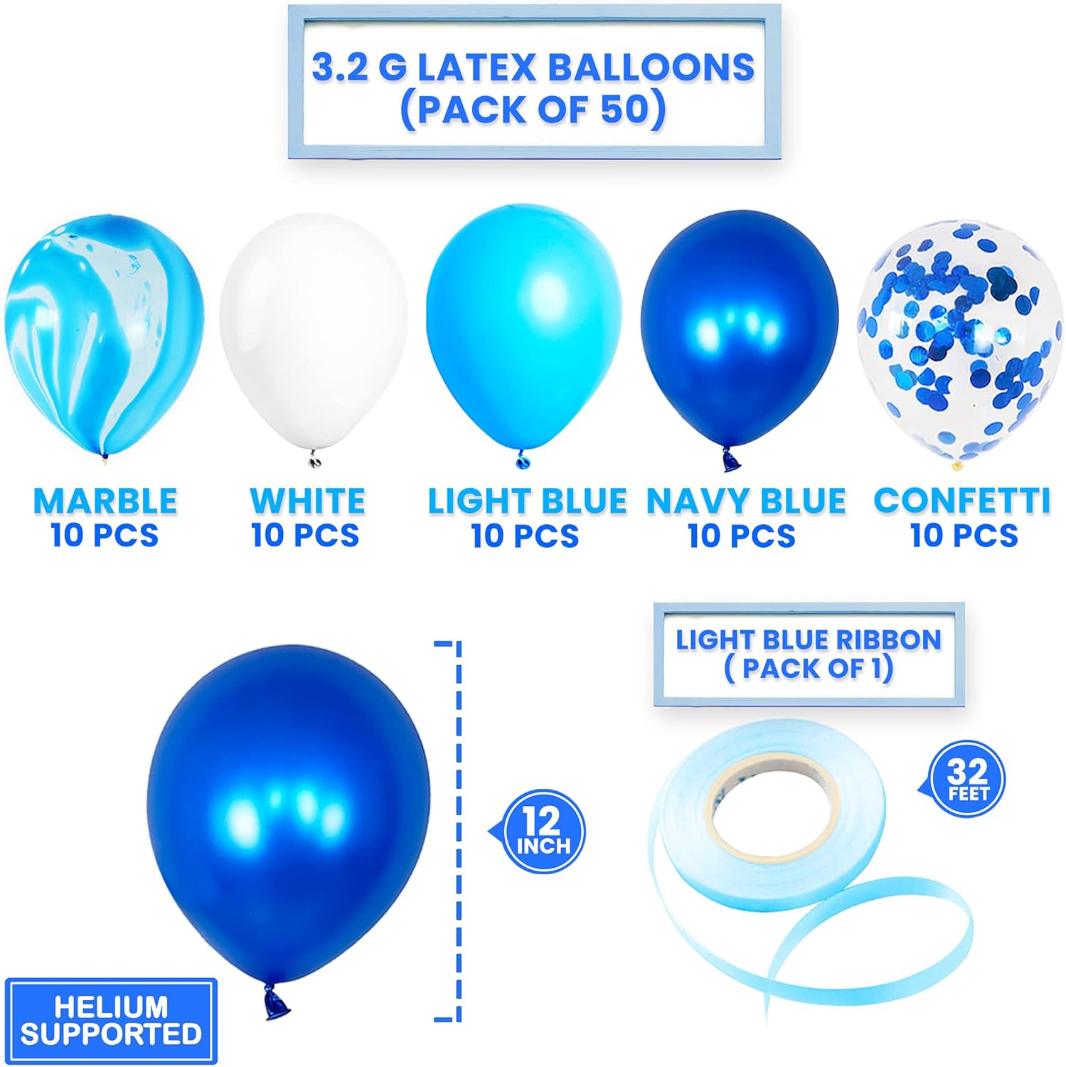 KatchOn, Shades of Blue – Juego de 50 globos de mármol azul para decoraciones de fiesta azul, globos de confeti azul, globos bajo el mar, globos de