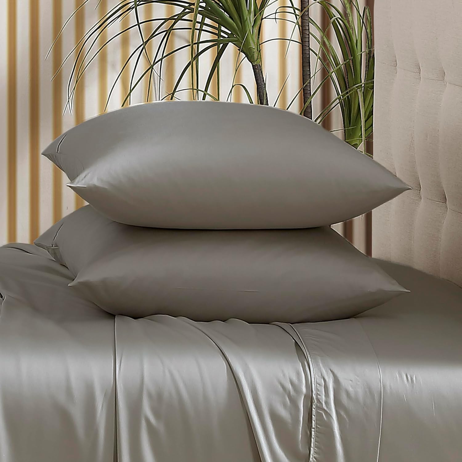 Brielle Home Juego de sábanas de satén de viscosa de bambú refrescante, súper suave y transpirable, elegante, bohemio, moderno, elegante, con