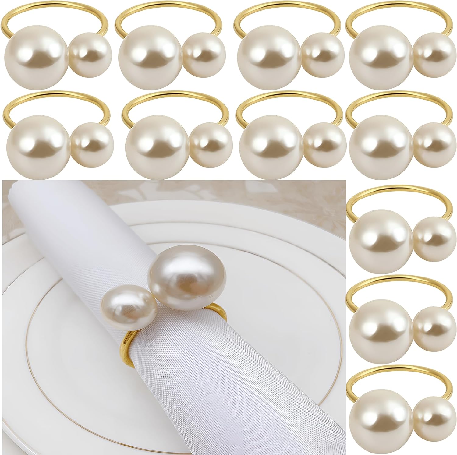 Juego de 12 servilleteros para mesa de comedor, servilleteros de perlas para fiestas de vacaciones, cocina en el hogar para ocasiones casuales o