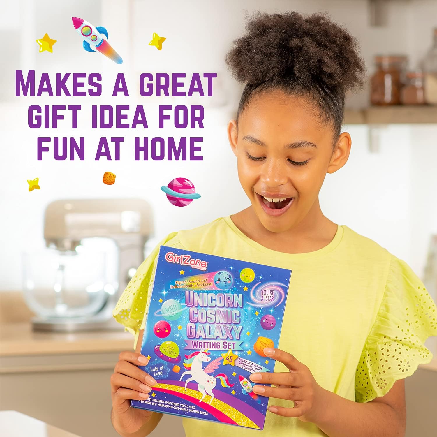 GirlZone Unicorn Cosmic Galaxy – Juego de escritura para niñas, kit de escritura de letras de 45 piezas para niñas creativas, regalo mágico de