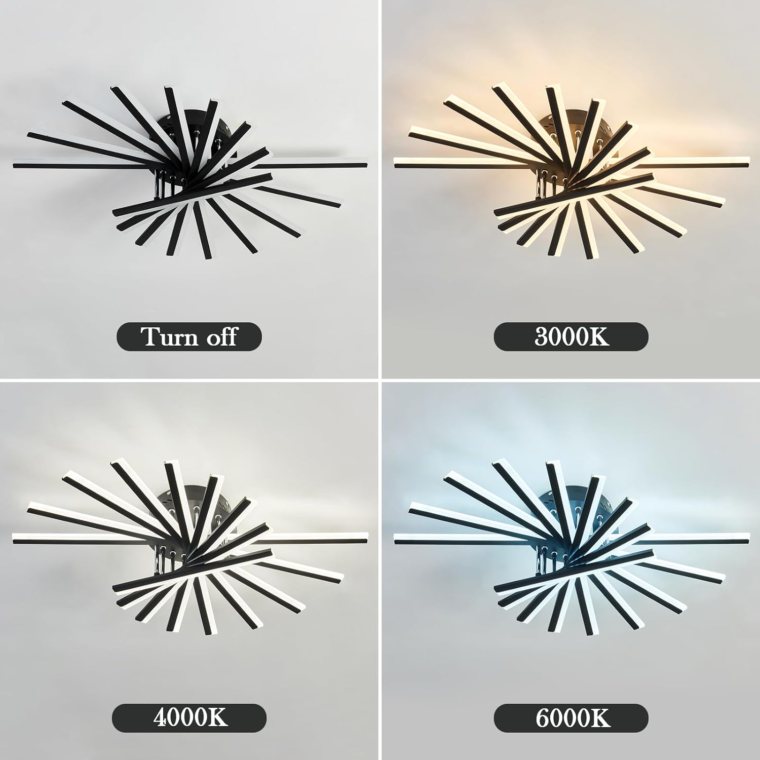 9 Lights Modern LED Sputnik Ceiling Light Fixture with Remote Control 80W Dimmable Black Flush Mount Chandelier 29.92in Acrylic Ceiling Light for