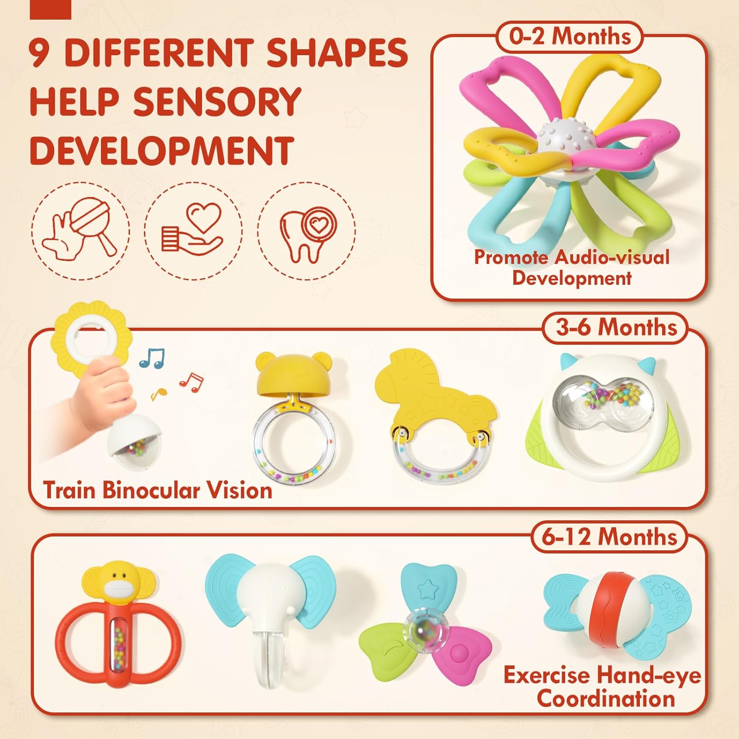Juguetes para bebés  9 piezas de juguetes de dentición de bebé de silicona, sonajeros para bebés de 0 a 6 meses, juguetes masticables para bebés sin