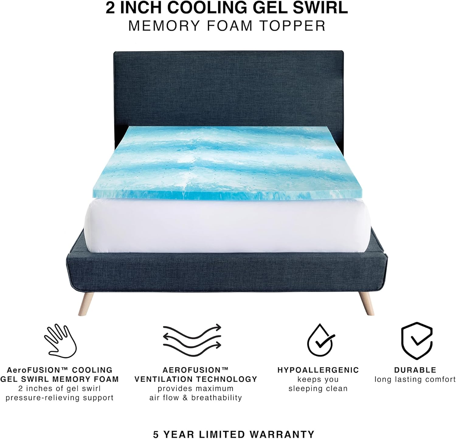 Cubrecolchón de espuma viscoelástica, espuma viscoelástica de remolino de gel, diseño ventilado, espuma certificada CertiPUR-US, azulblanco
