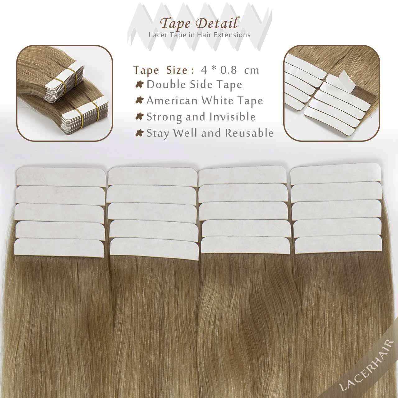 Lacer Extensiones de cabello rubio con cinta adhesiva de doble cara, trama de piel sin costuras, color marrón claro #8, balayage, rubio platino,
