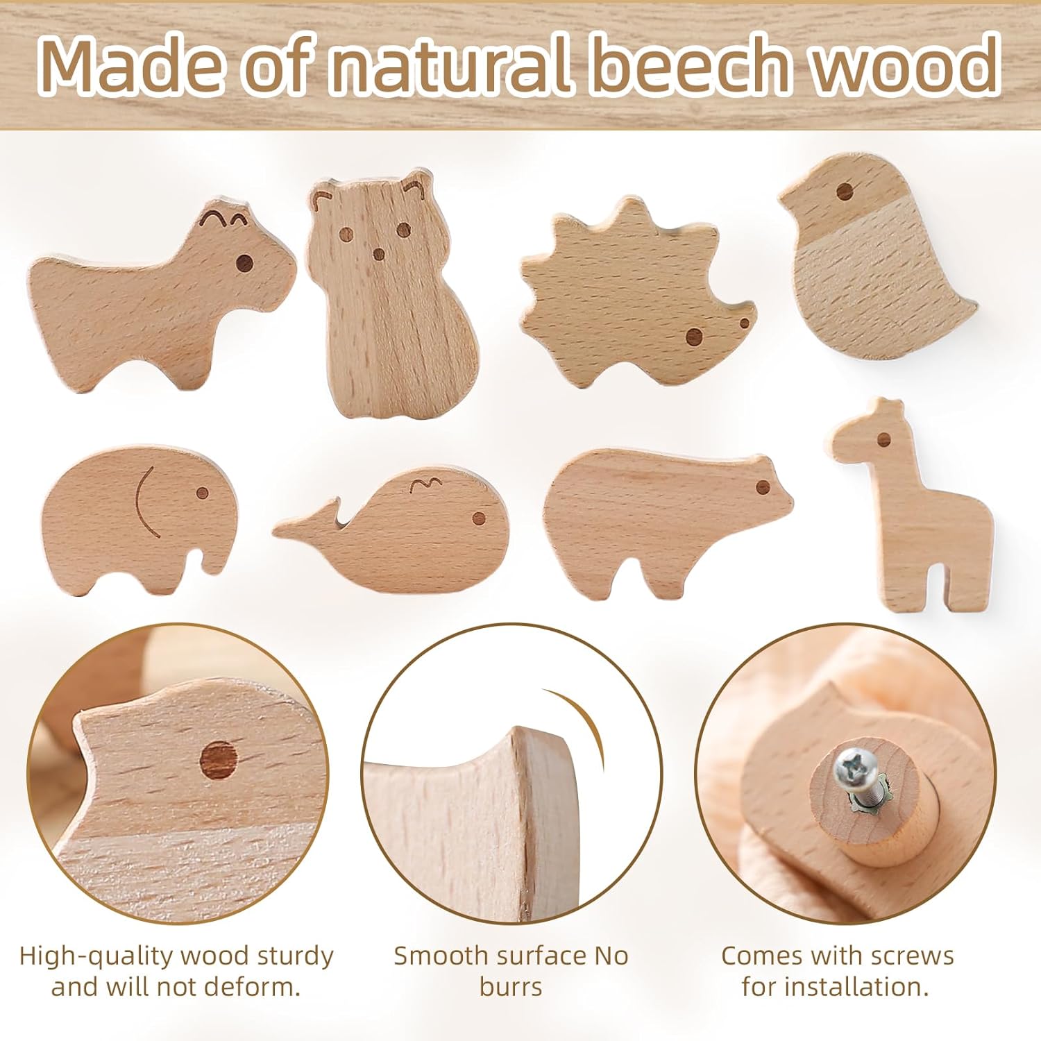 Pomos decorativos de madera para gabinetes de madera con tornillos, serie Bird Alpaca Perillas para cajón, perillas de madera para cuarto de bebé,