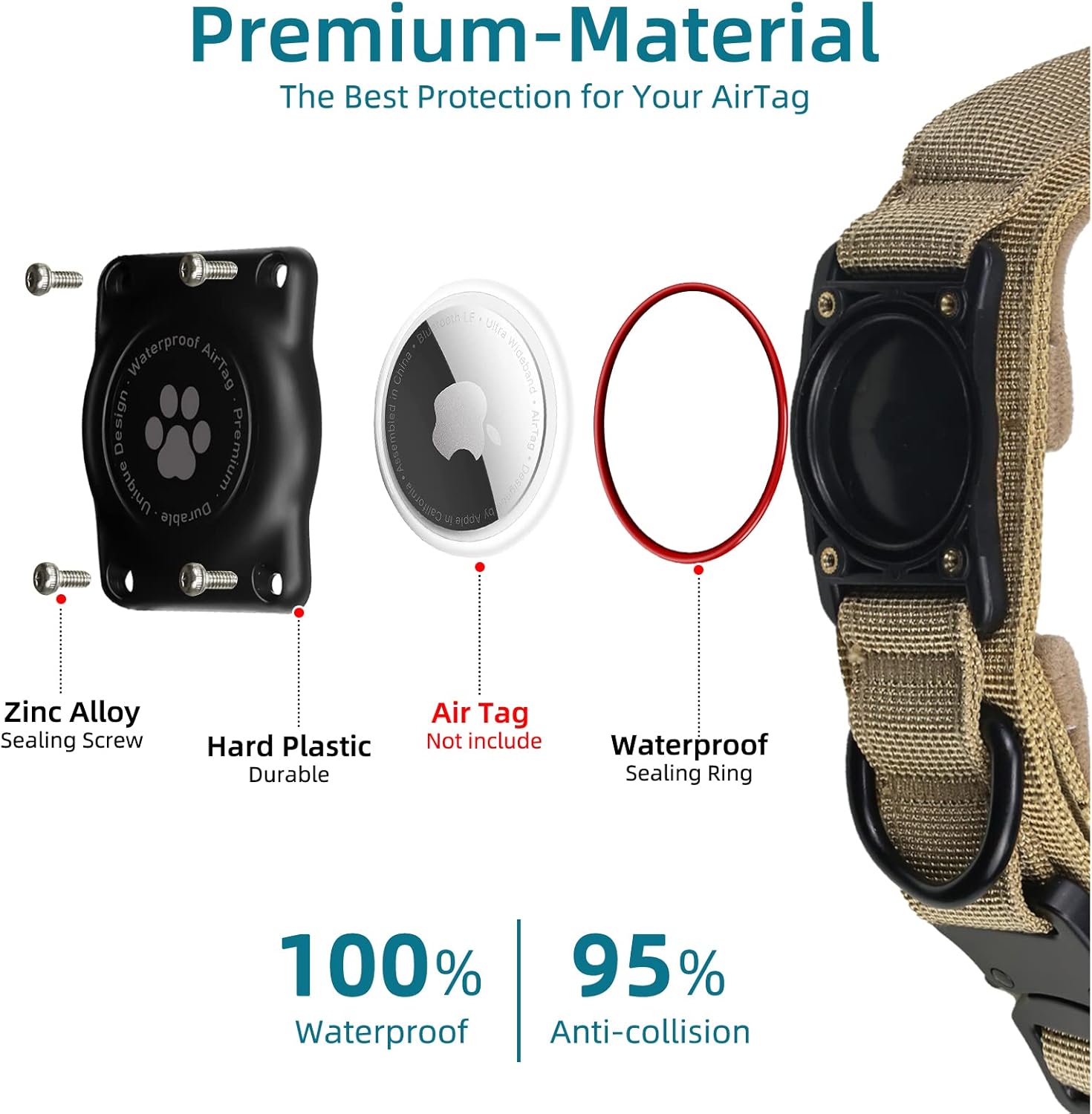Juego de correa táctica AirTag para perro 100 % impermeable, integrado Apple Air Tag con soporte para AirTag, collar militar ajustable con asa,