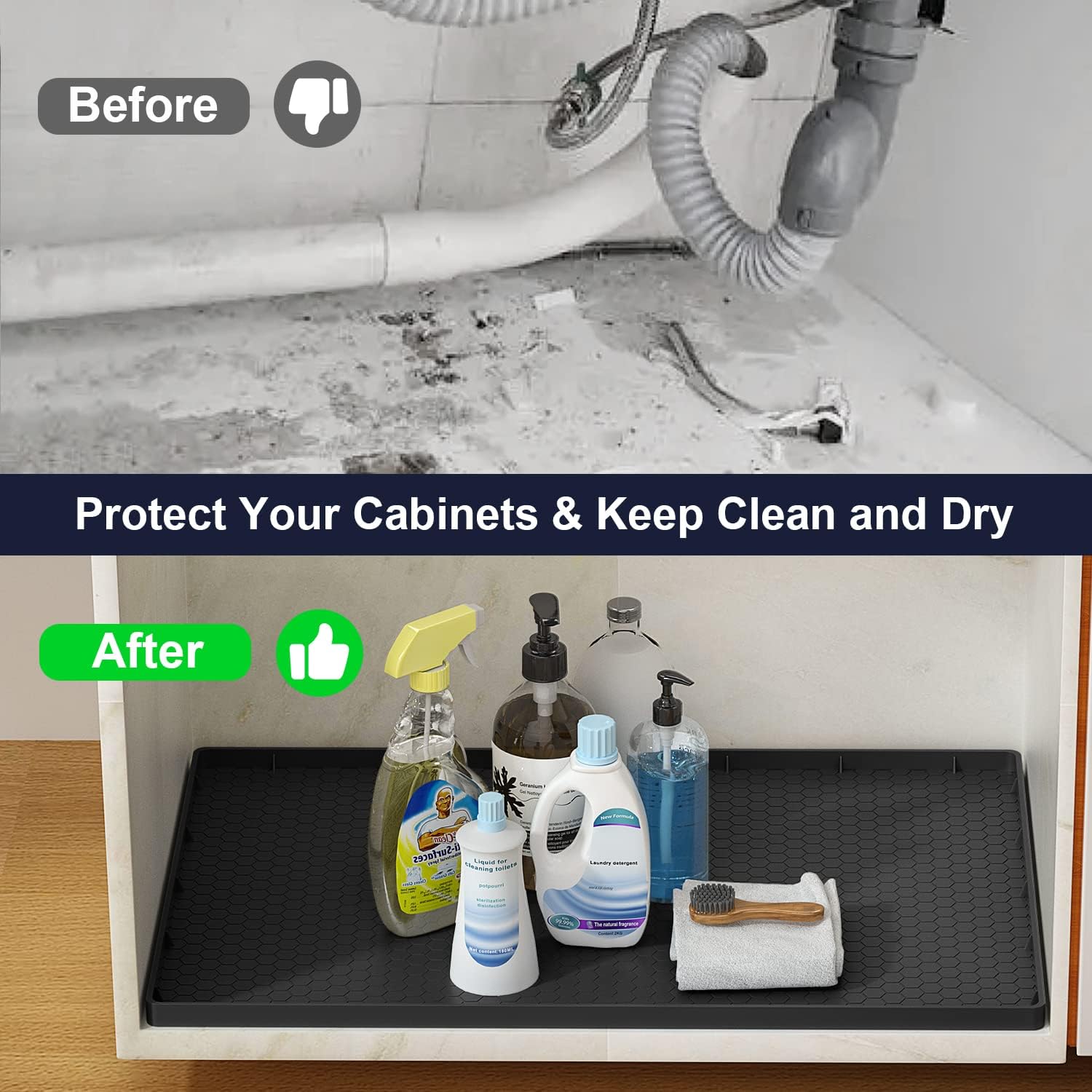 Tapete para debajo del fregadero, tapete impermeable para gabinete de cocina de 31 x 22 pulgadas, forro de silicona flexible para debajo del