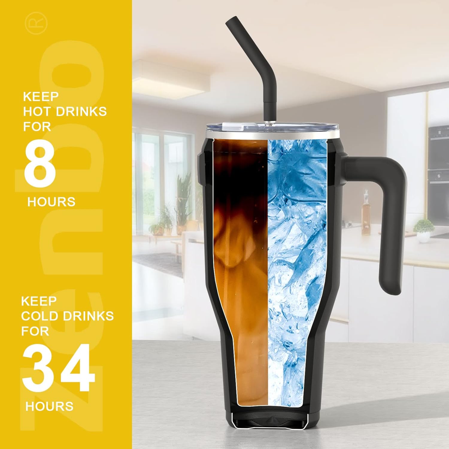 Zenbo Vaso de 40 onzas con asa, acero inoxidable aislado al vacío con asa, tapa y popote, mantiene las bebidas frías hasta 34 horas, cuerpo a prueba