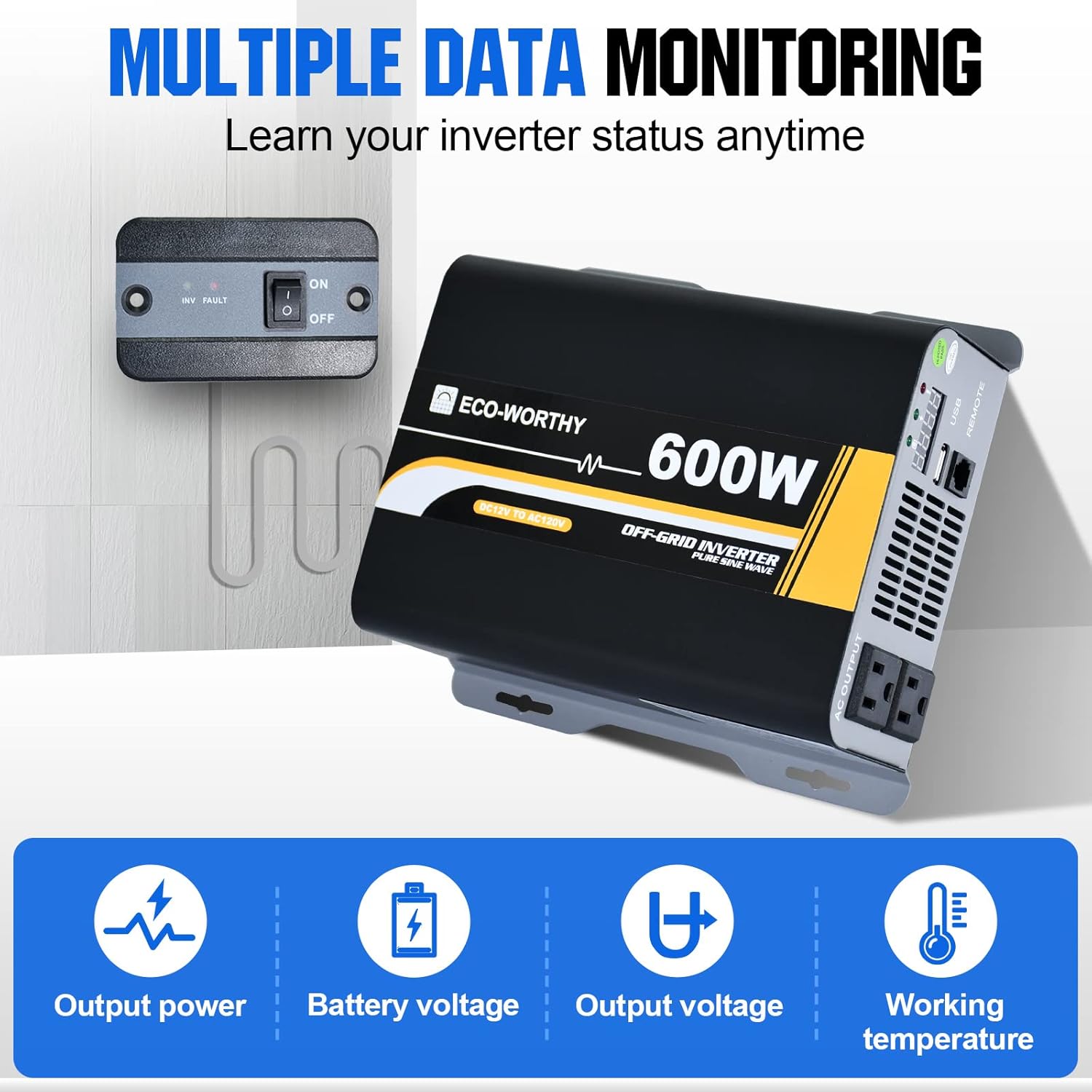 ECO-WORTHY Inversor de onda sinusoidal pura de 600 W, salida de CA, puerto de salida USB, indicador LED, ventiladores de refrigeración duales y