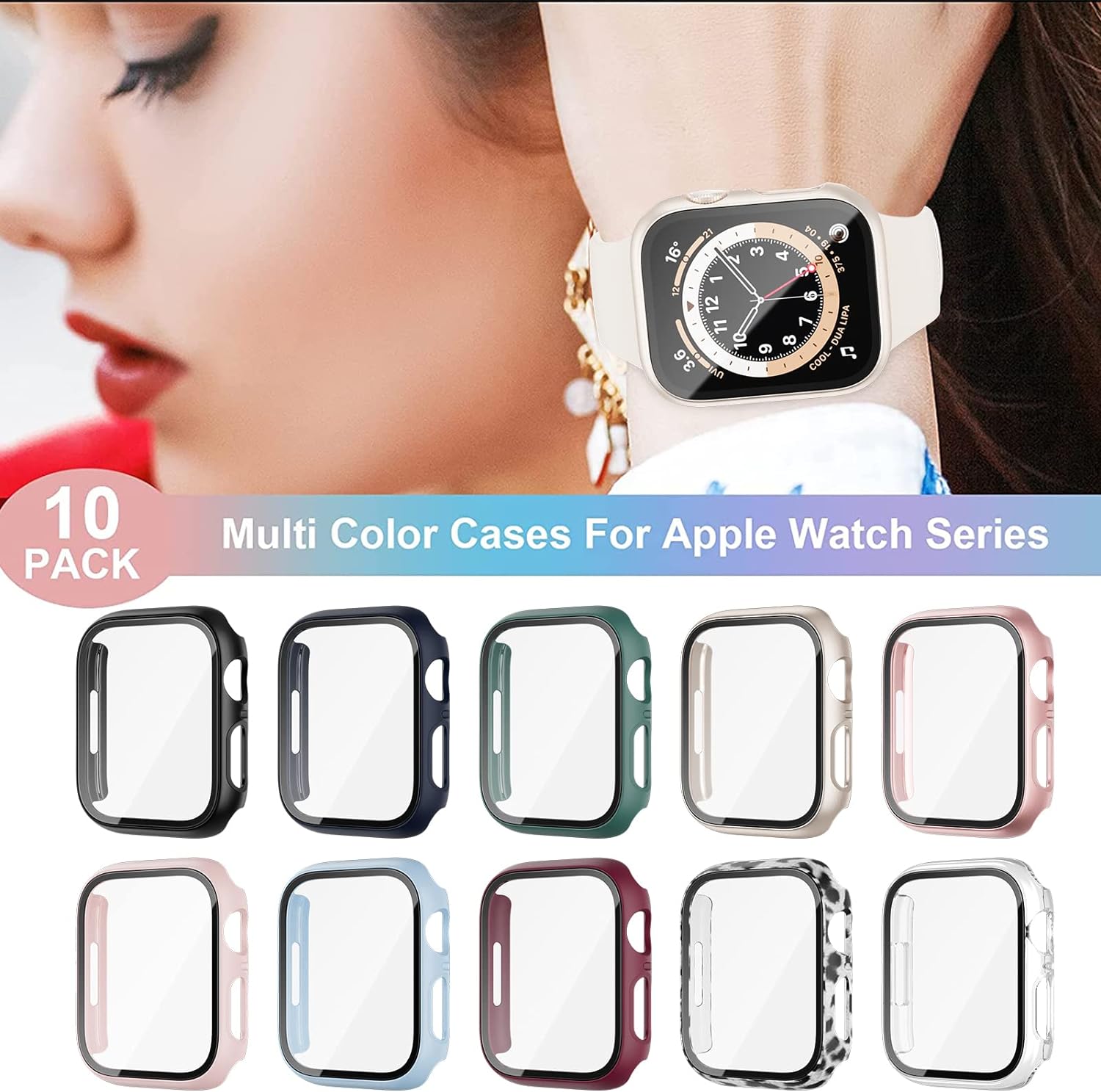 BHARVEST Paquete de 10 fundas rígidas de policarbonato compatibles con Apple Watch Series 8 Series 7 de 1.772 pulgadas, con protector de pantalla de