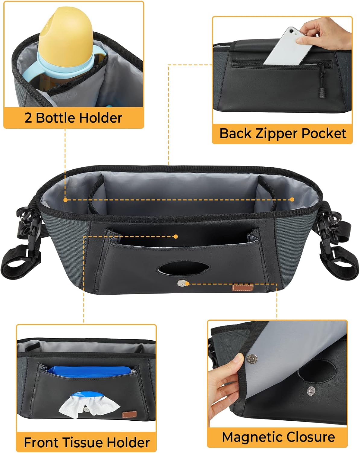 Wiicare Organizador universal para cochecito, bolsa de piel sintética con soporte para tazas aislado, bolsillo para pañuelos y correa de hombro