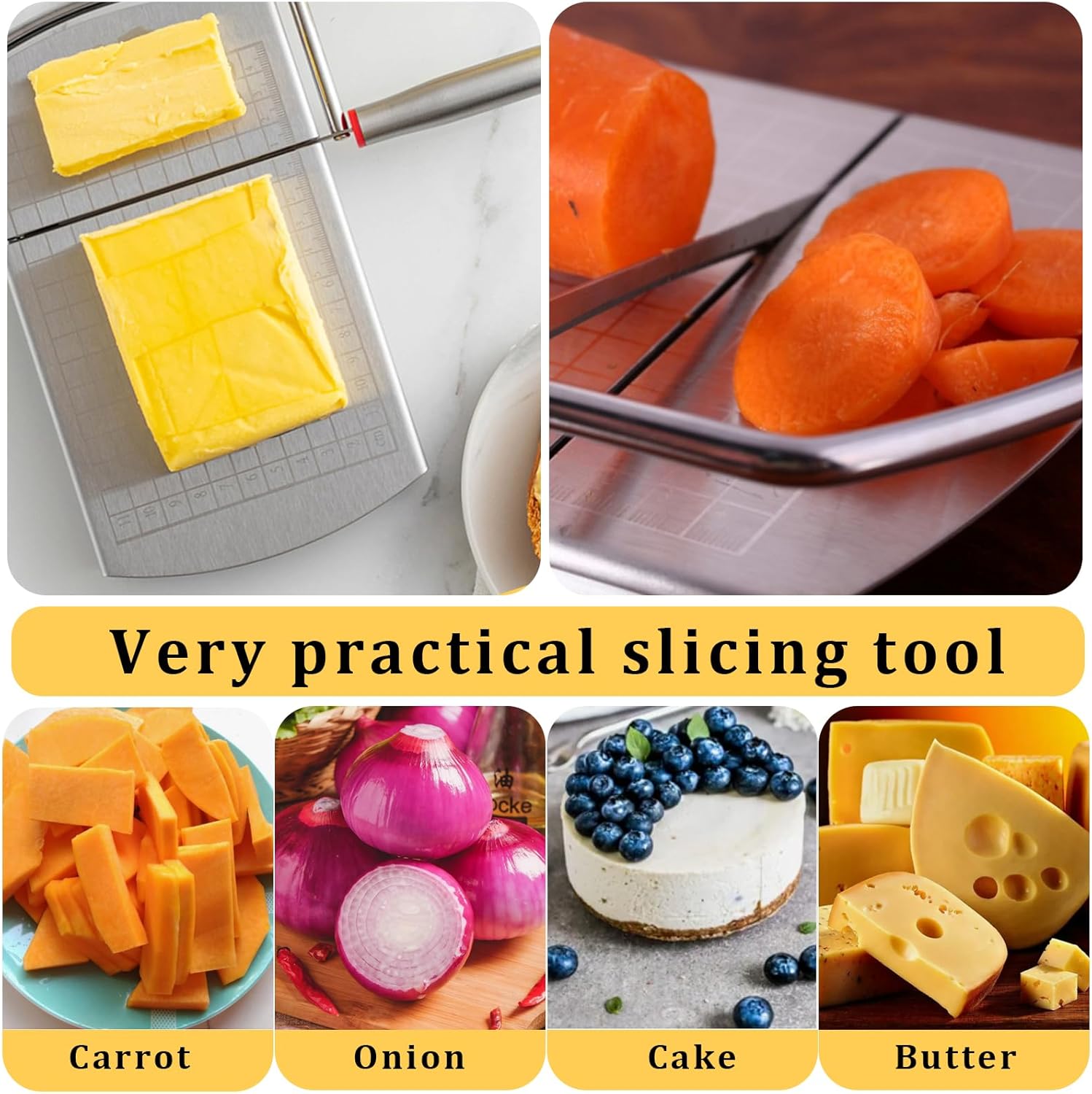 Cortador de queso para bloque de queso, cortador multifuncional de acero inoxidable con cuchilla, tablero cortador de queso con escala de tamaño