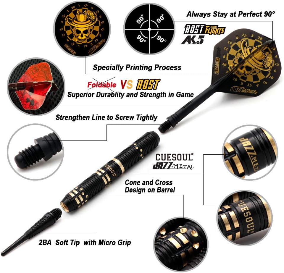 CUESOUL Jazz – Juego de dardos de punta suave de 0.67 oz con 6 vuelos integrados de plástico AK5 y 36 puntas de plástico para tablero de dardos