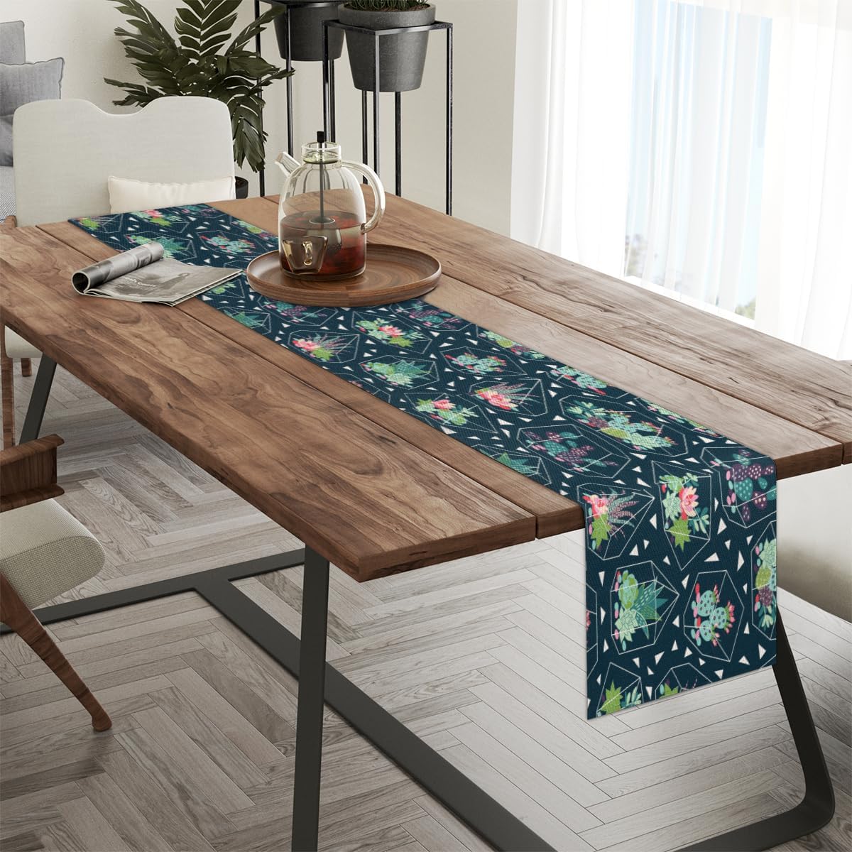 Camino de mesa, suculentas, cactus, terrarios de vidrio, mantel de lino rústico otoñal, mantel de cocina y comedor, decoración para fiesta en el