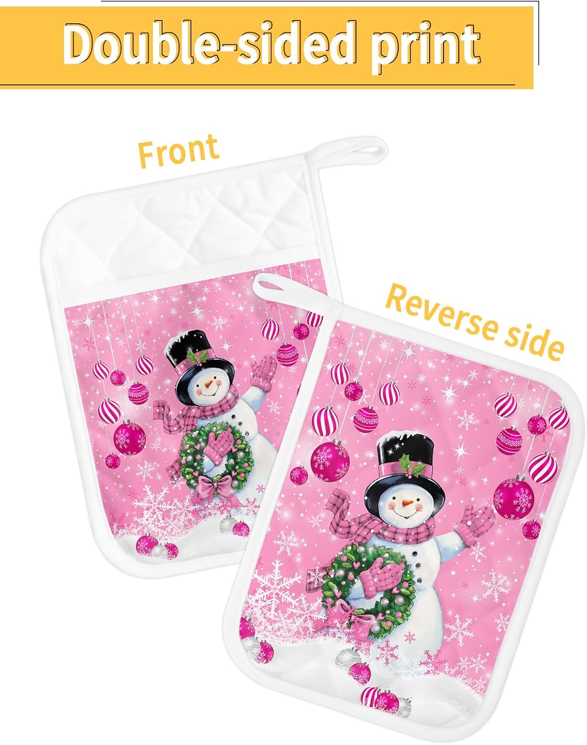 Snowman Pink 3Pcs Pot Holders for Kitchen, Non Slip & Heat Insulation Terry Cloth Potholder Set with Pocket, Thick Hot Pad Oven Mitts Trivet Coaster