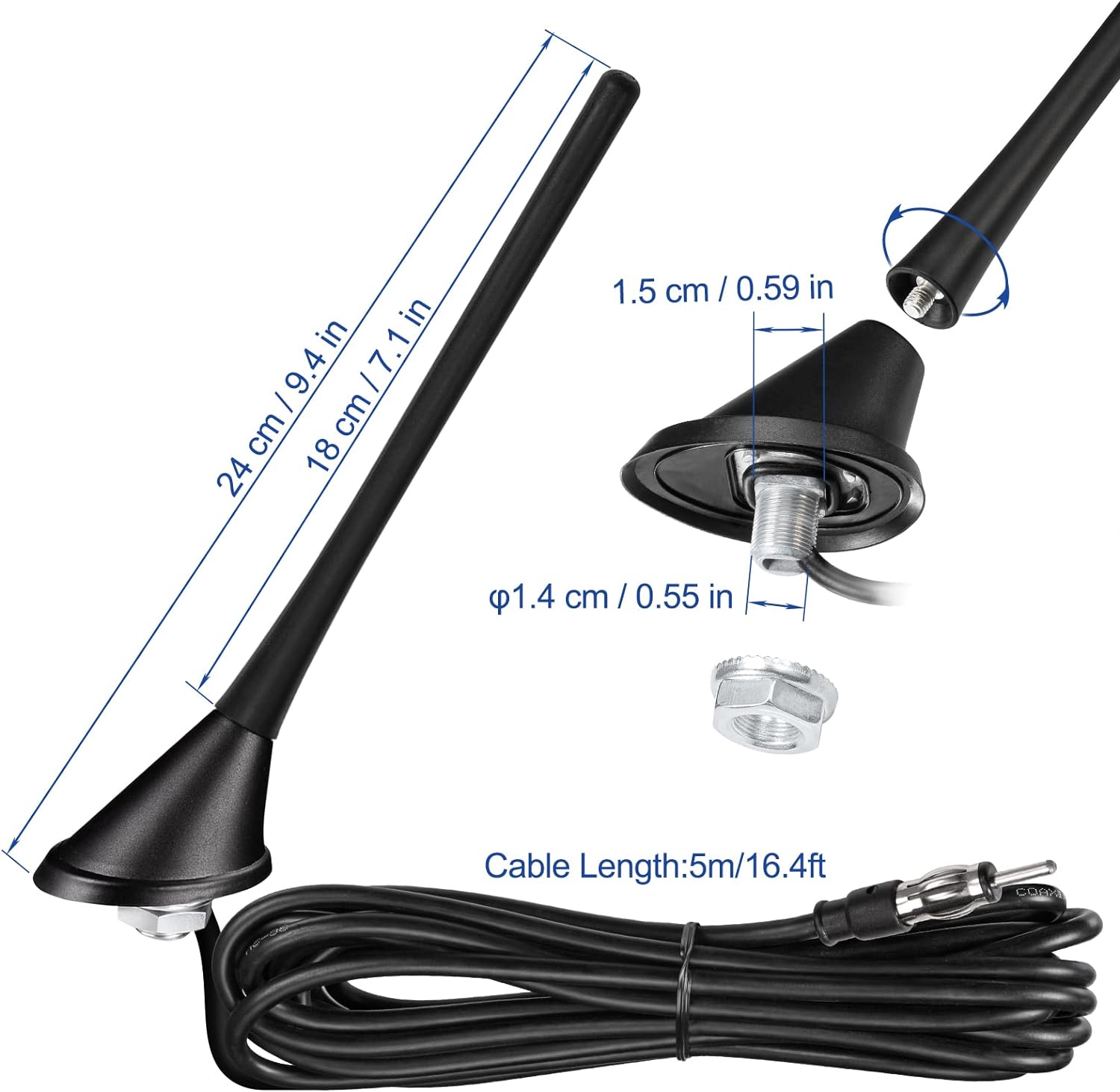 Eightwood Antena de radio AM FM estéreo para automóvil, reemplazo de antena universal para montaje en techo con base de montaje de 16 pies cable de