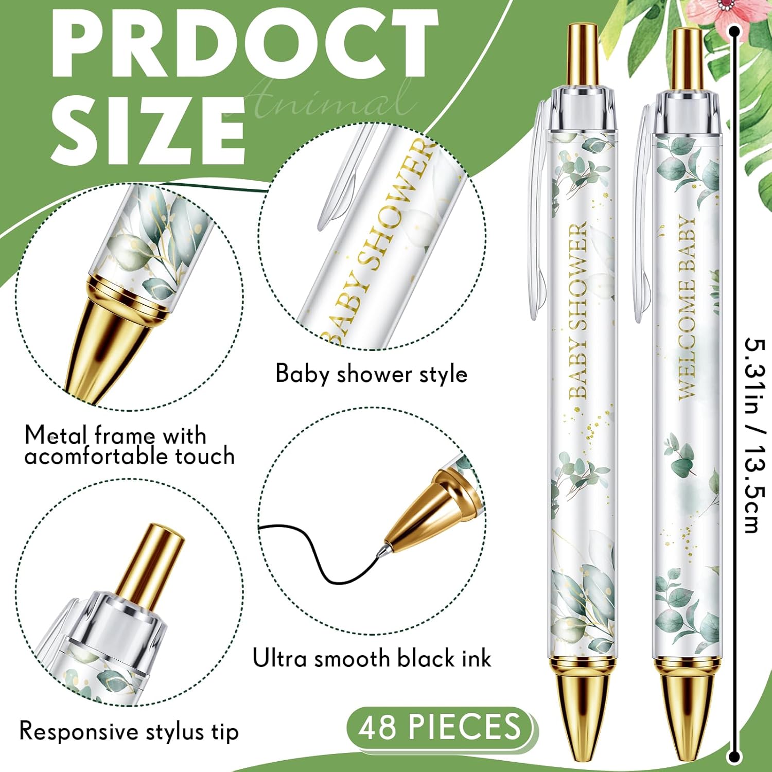 Chuangdi 48 bolígrafos retráctiles para baby shower, bolígrafos retráctiles a granel, bolígrafos de tinta negra con punta de lápiz capacitivo,