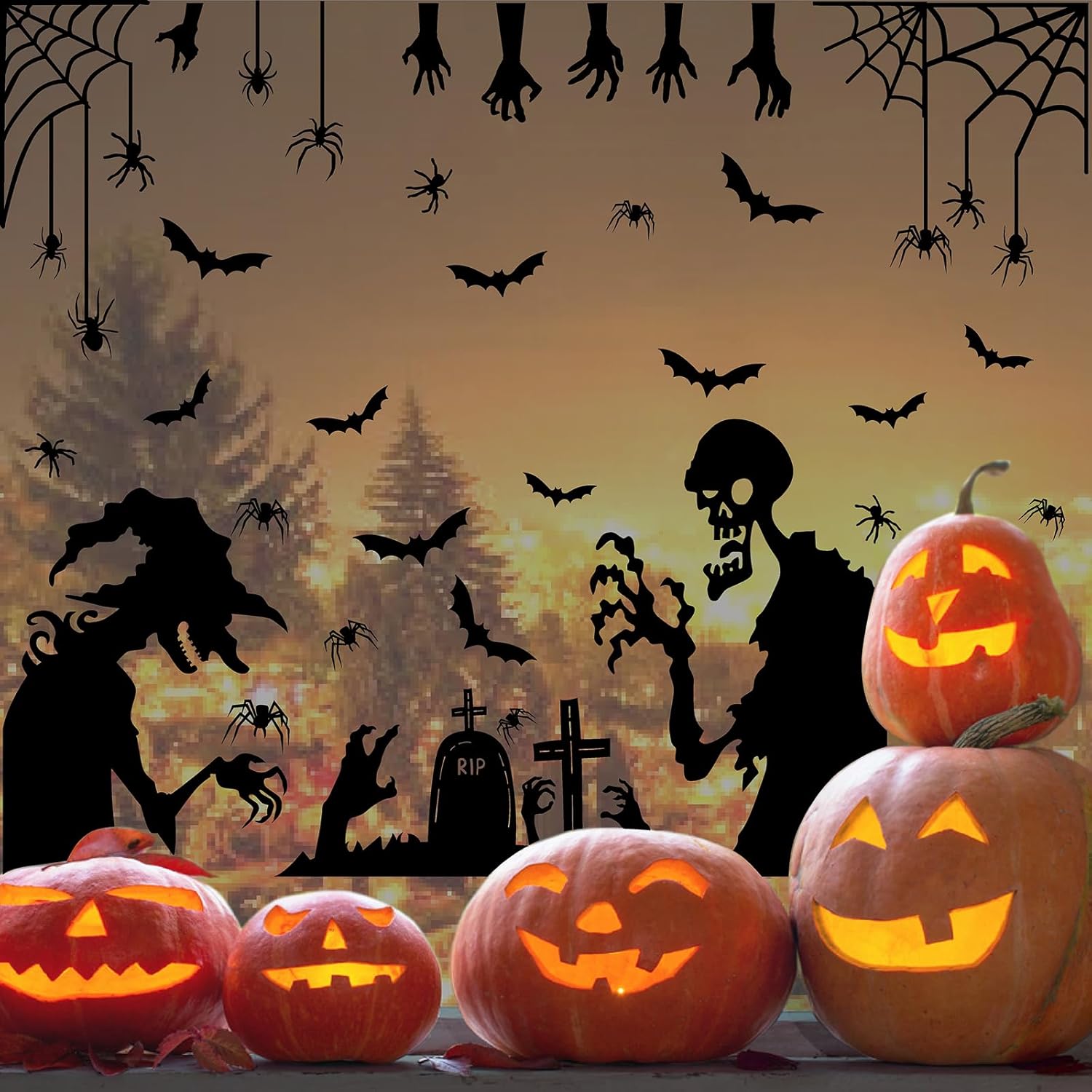Calcomanías grandes de pared de Halloween, murciélagos de Halloween, calcomanías de pared de araña de vinilo, calcomanías de pared extraíbles de