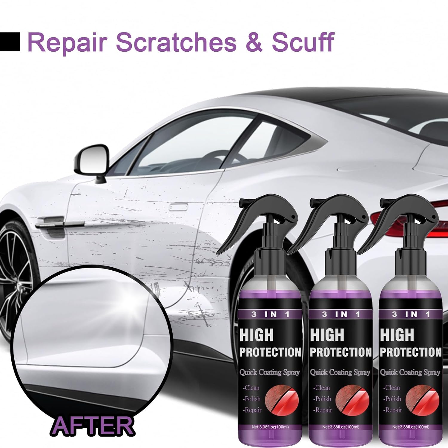AMind4U Revestimiento de cerámica para automóviles 3 en 1 de alta protección para automóvil, aerosol de reparación de arañazos para automóvil,