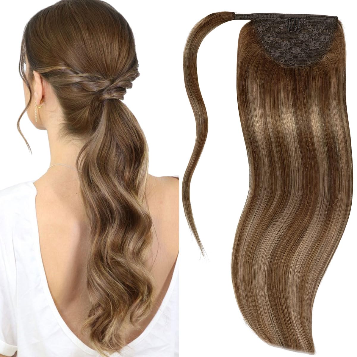 Lacer Extensiones de cabello humano real con cola de caballo larga, color marrón chocolate a castaño de 20 pulgadas, cabello humano envolvente,