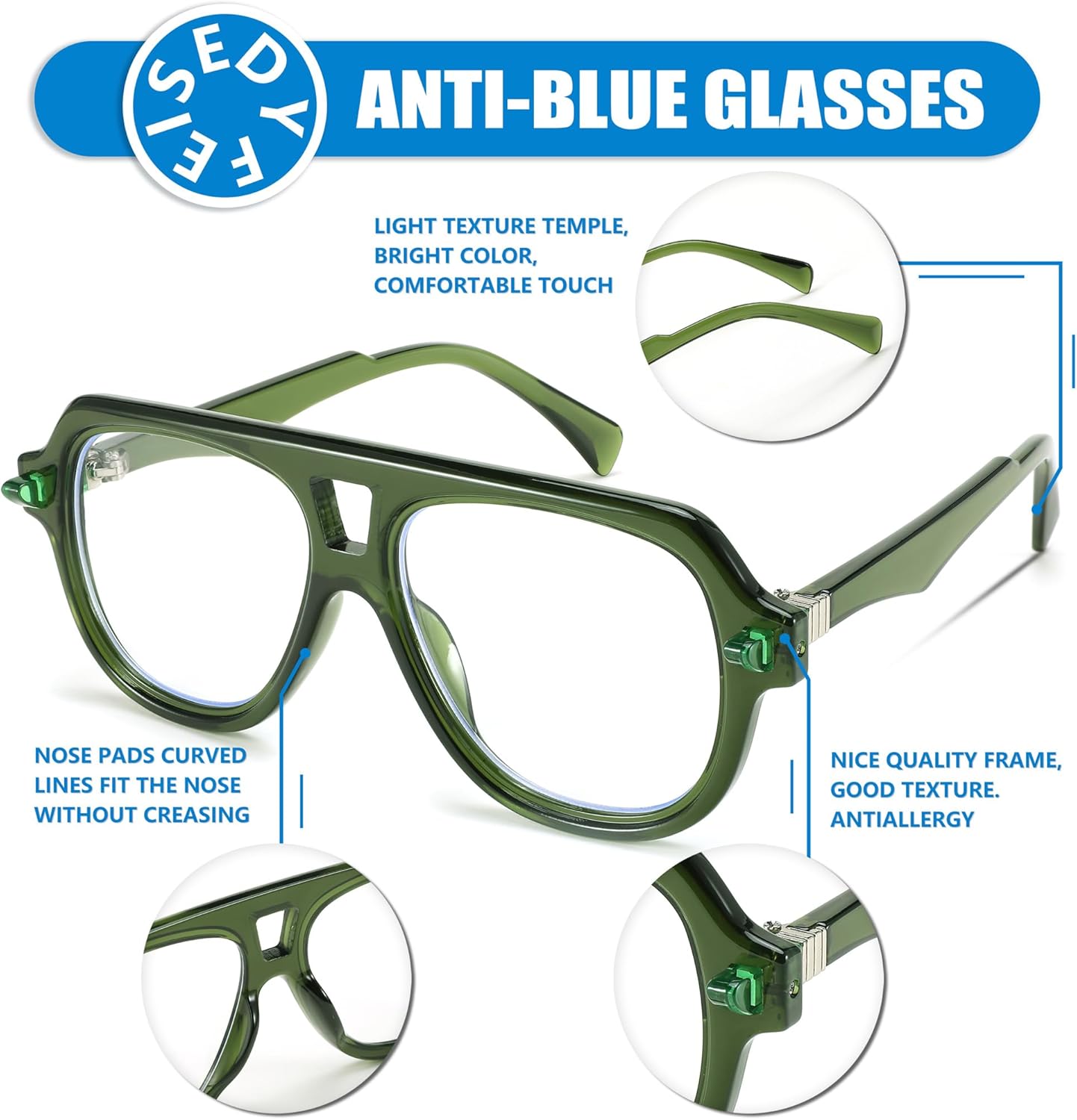 FEISEDY Gafas de aviador con montura para mujeres y hombres, con bloqueo de luz azul, antideslumbrantes, B0039