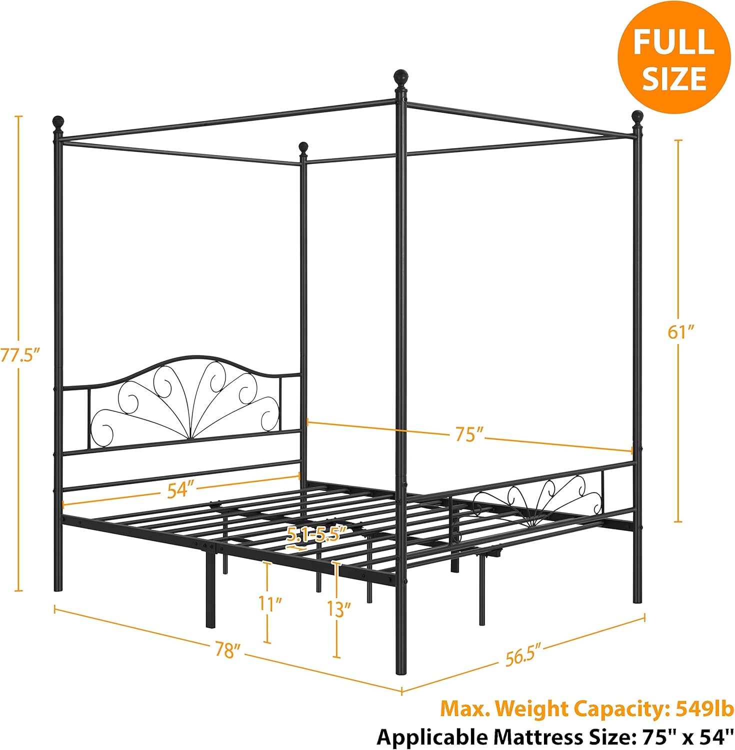 Topeakmart Base de colchón con plataforma metálica con dosel de cuatro pósteres con cabecera arqueada y estribo, listones sólidos, necesita somier,