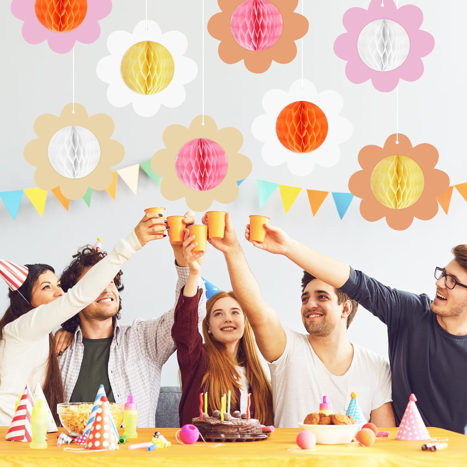 8 piezas de margaritas de nido de abeja, decoración de centros de mesa para mesas, letrero colgante de flores de margarita, suministros de fiesta