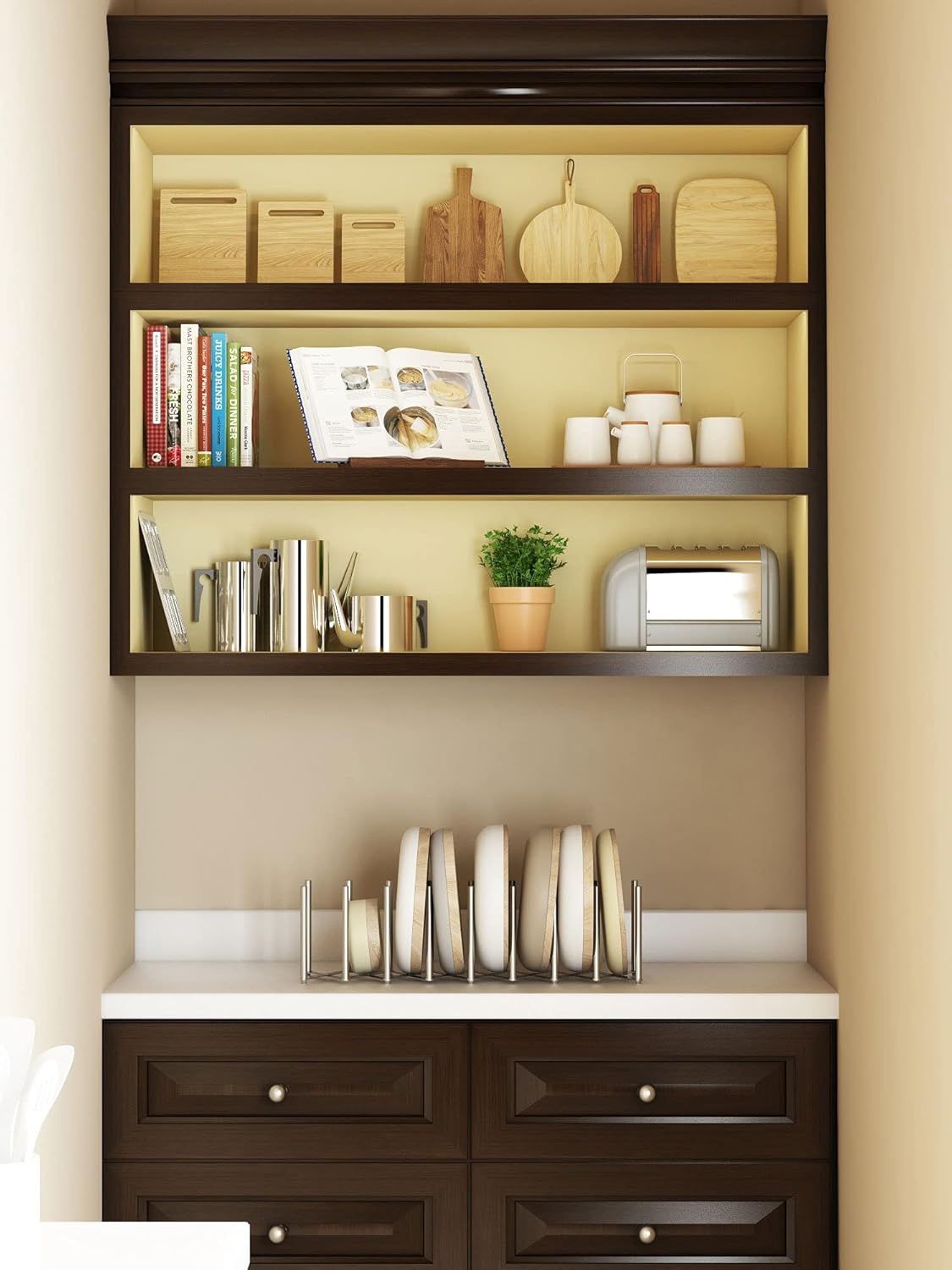 Soporte de placa para ollas y tapas para la cocina de acero inoxidable, 8 secciones, longitud de acordeón ajustable, se puede extender hasta a 30