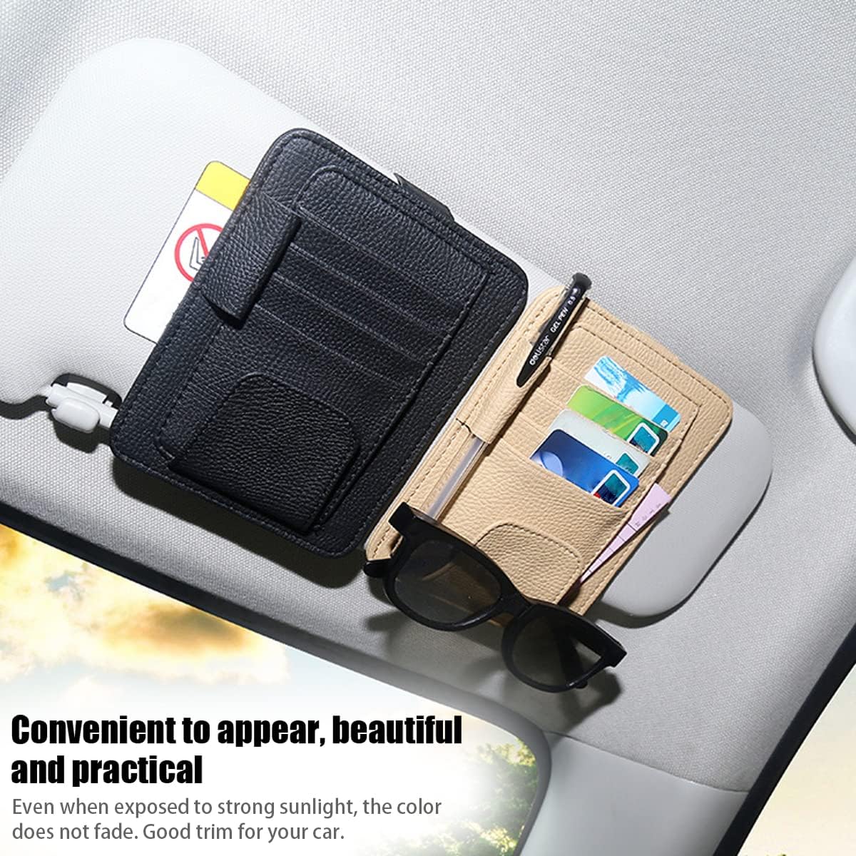 Blilo Organizador de cuero para visera de automóvil con soporte para lentes de sol, clip multifuncional para tarjetas de crédito y billetes y