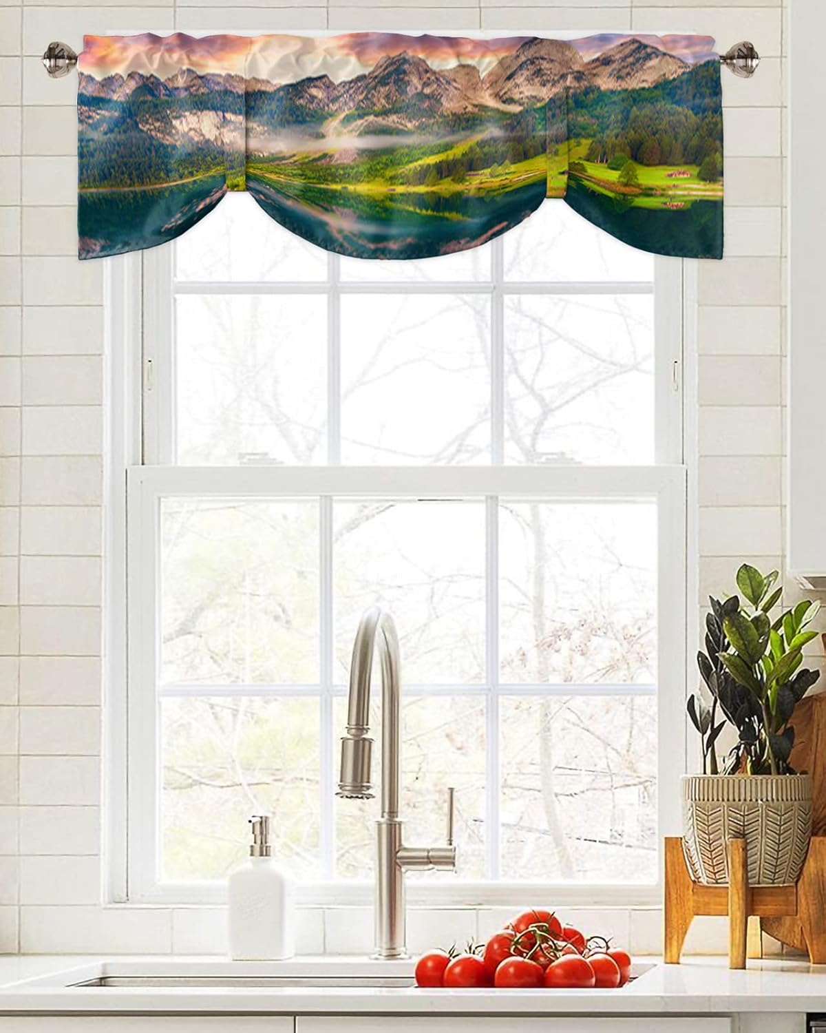 Valances for Windows, Natural Landscape Scenery Beautiful Dreamy Sundown Sunset Lake Tie Up Valance Curtains Light Filtering Adjustable Window