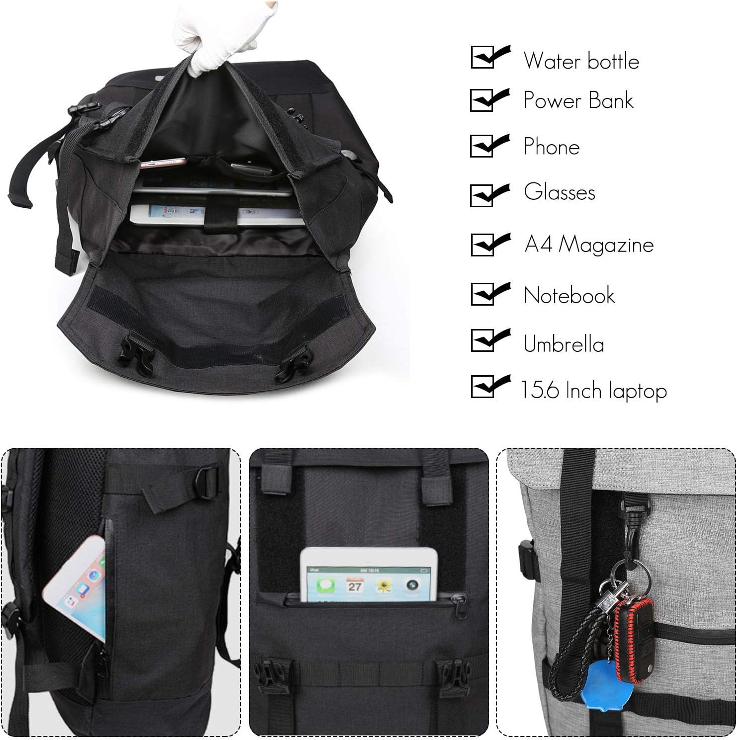 Mochila enrollable expandible, Gris, Mochilas Daypack