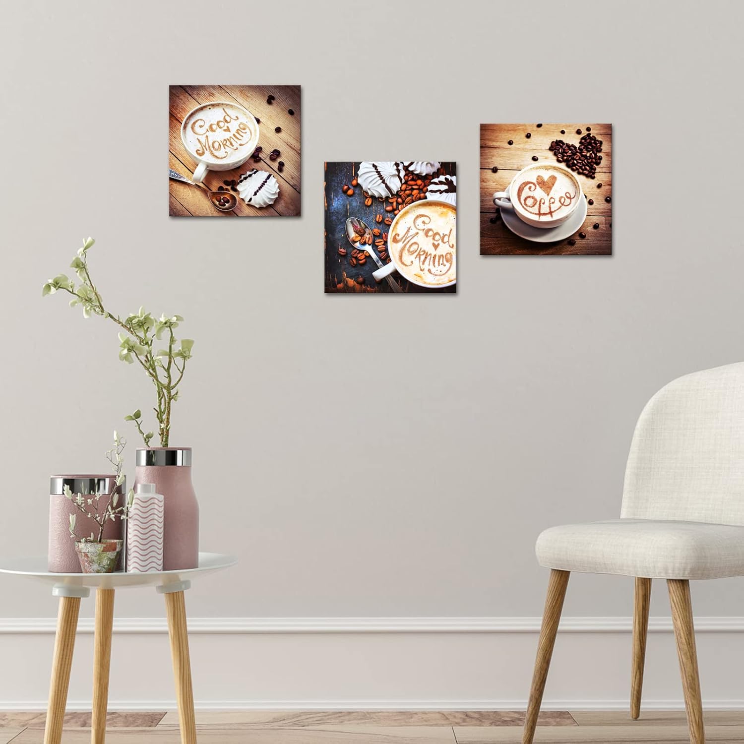 iLOOKLiKE 3 paneles de lienzo de cocina, arte de pared, granos de café, impresiones de imagen de taza de café en mesa de madera vintage, póster de