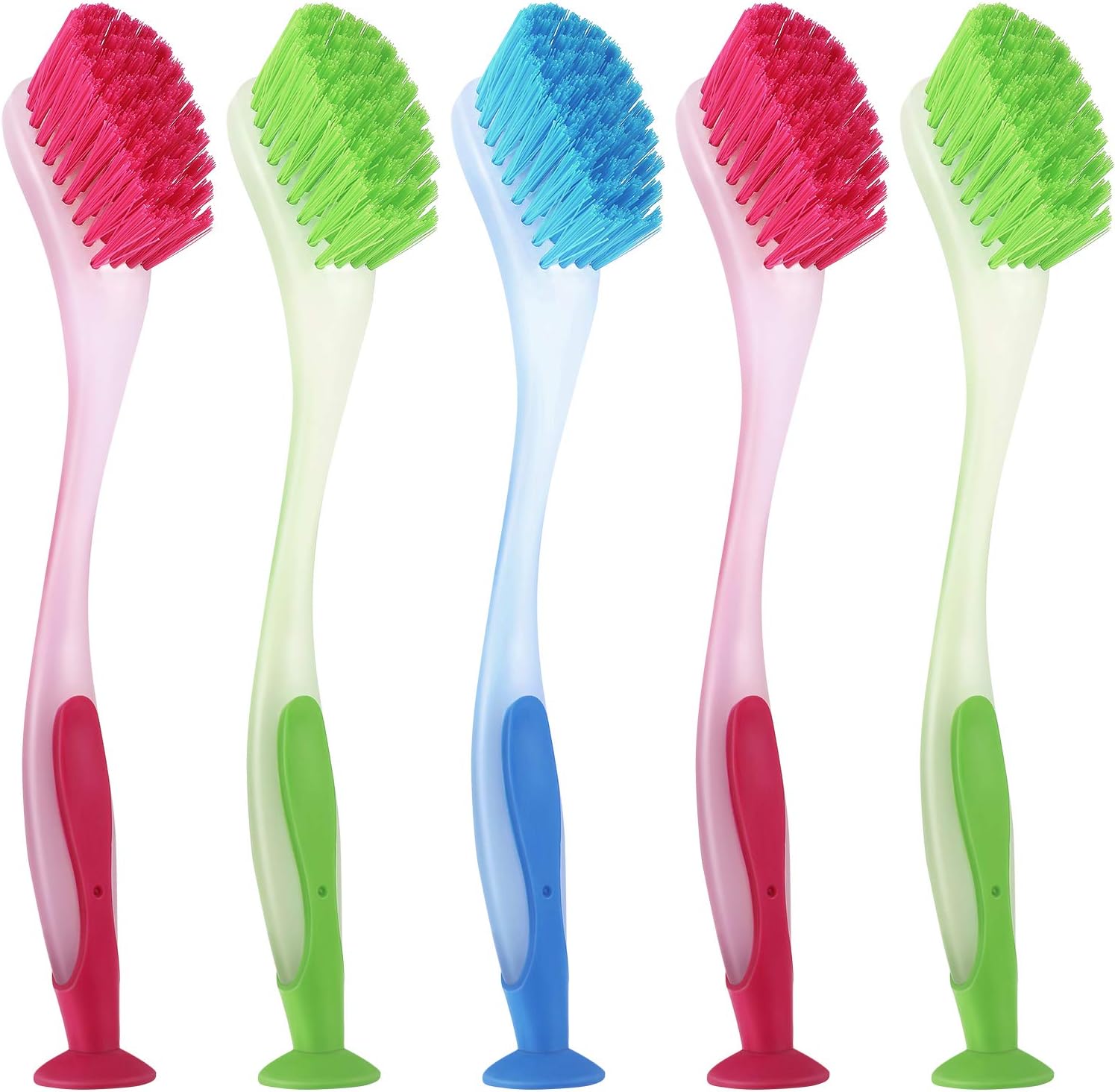 5 cepillos largos para platos con asa, cepillo para lavar platos de colores surtidos con ventosa, herramienta de limpieza multiusos para cocina,