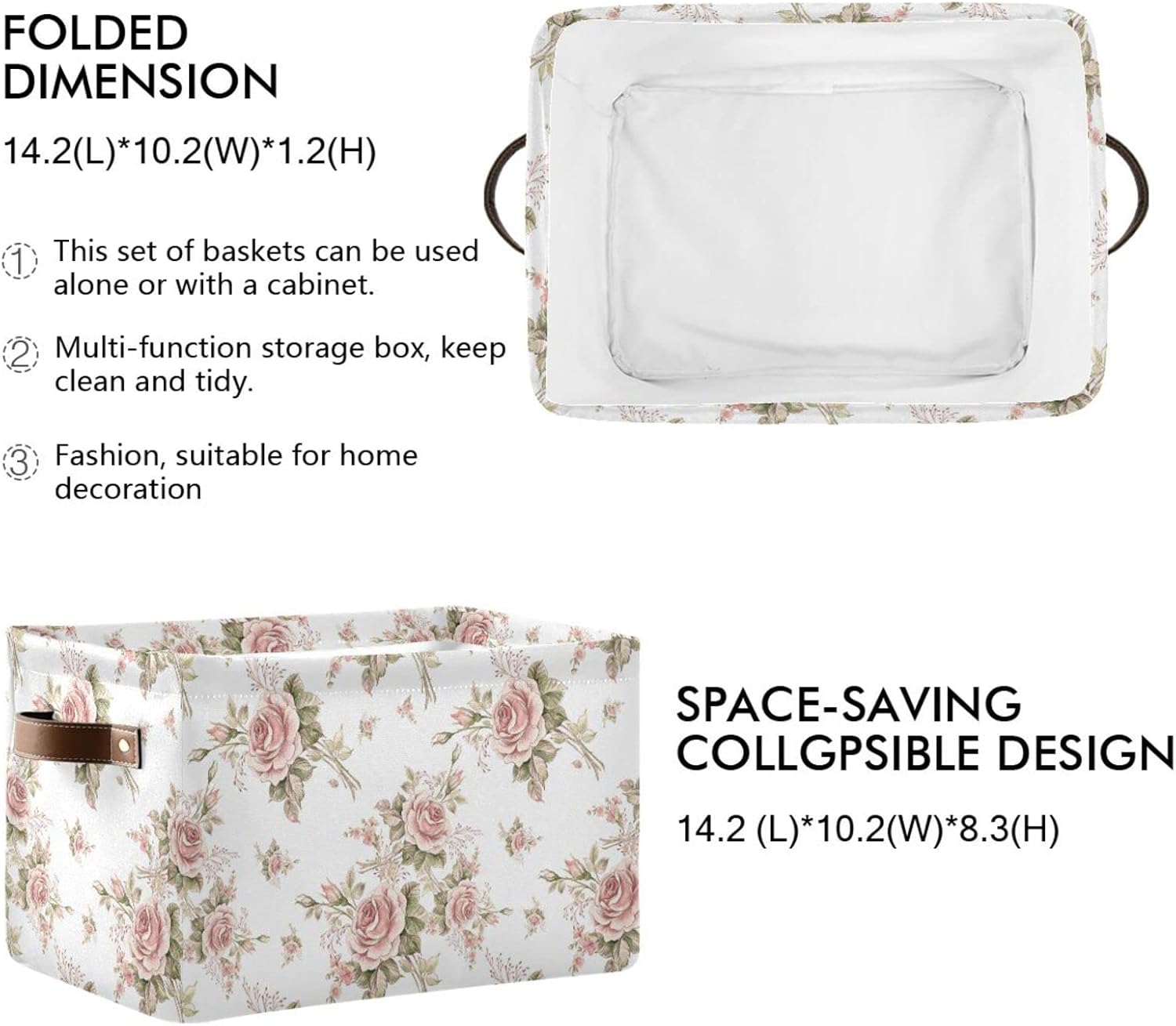 ALAZA Caja de almacenamiento plegable con hojas de rosas rosadas, canastas organizadoras con asas para estantes, armario, sala de estar, dormitorio,