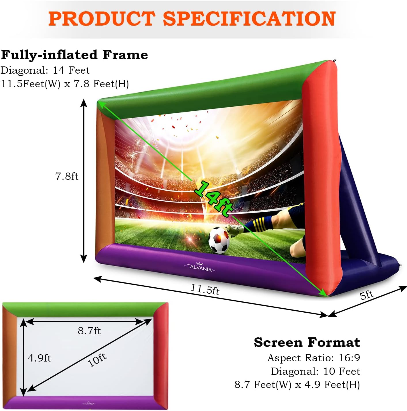 Pantalla de proyector inflable de 14 pies para ver películas de TV en exteriores e interiores, soplador, amarre, estacas, bolsas de arena y bolsa de