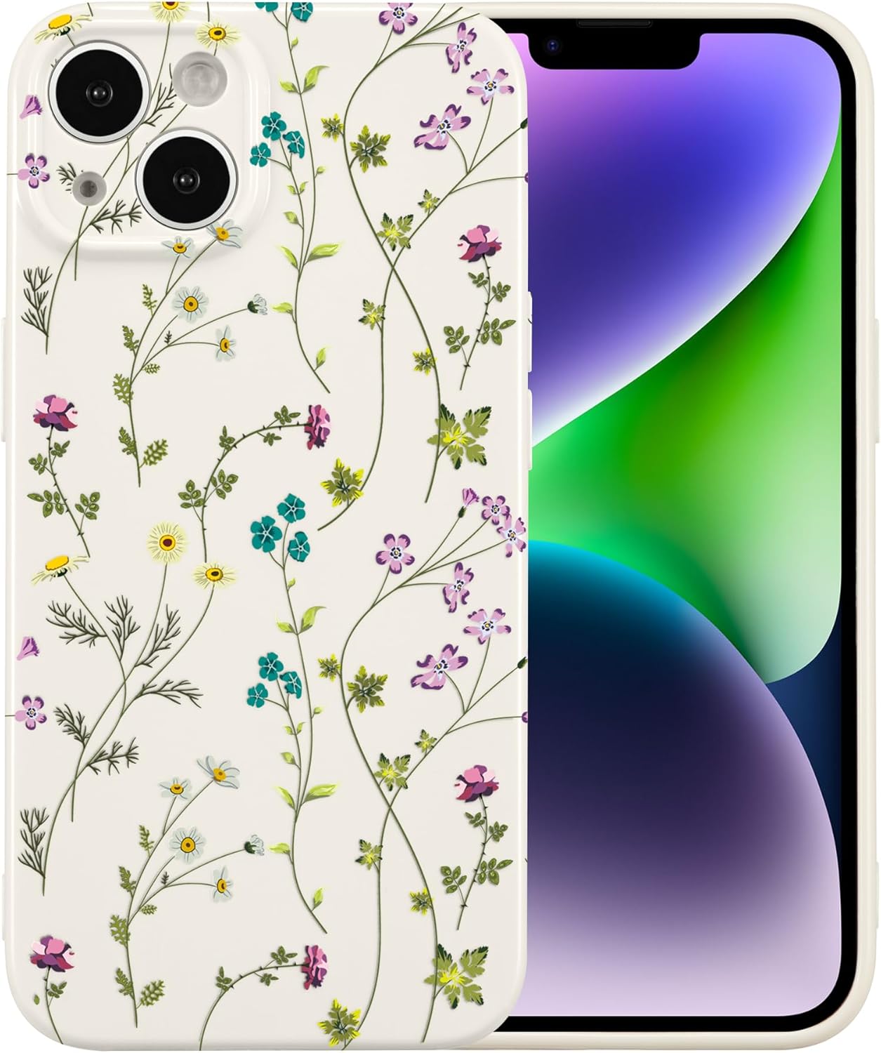 RALEAVO Funda floral para iPhone 14, diseño de ramas de flores, bonita funda para niñas y mujeres, delgada, de silicona suave, a prueba de golpes,