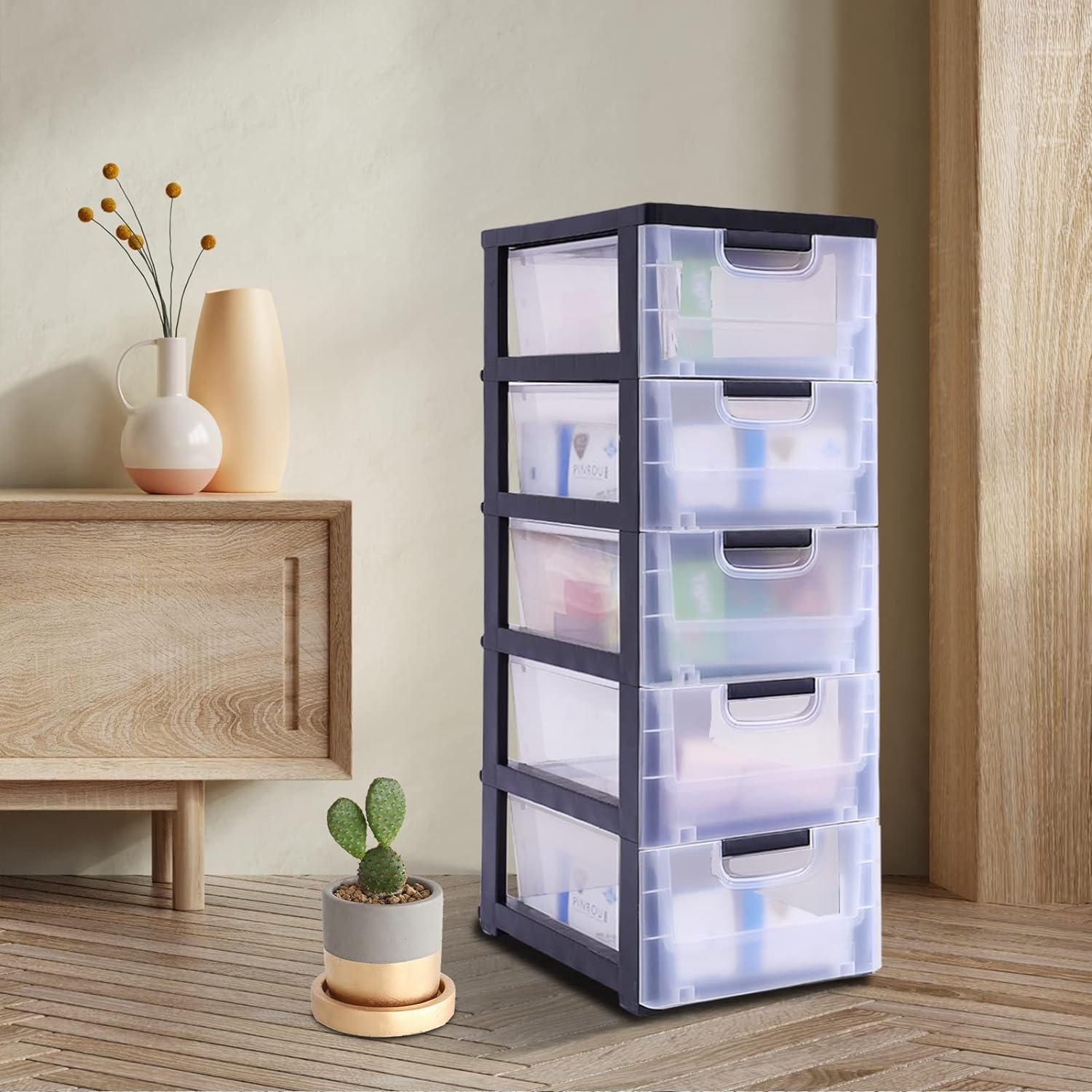 Gabinete de almacenamiento de plástico con 5 cajones, caja de almacenamiento vertical apilable para ropa, organizador de torre con puertas