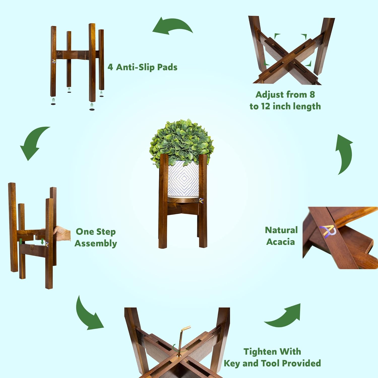 A & R Soporte ajustable de madera de acacia para plantas de 8 a 12 pulgadas, soporte moderno de mediados de siglo con bandeja para macetas