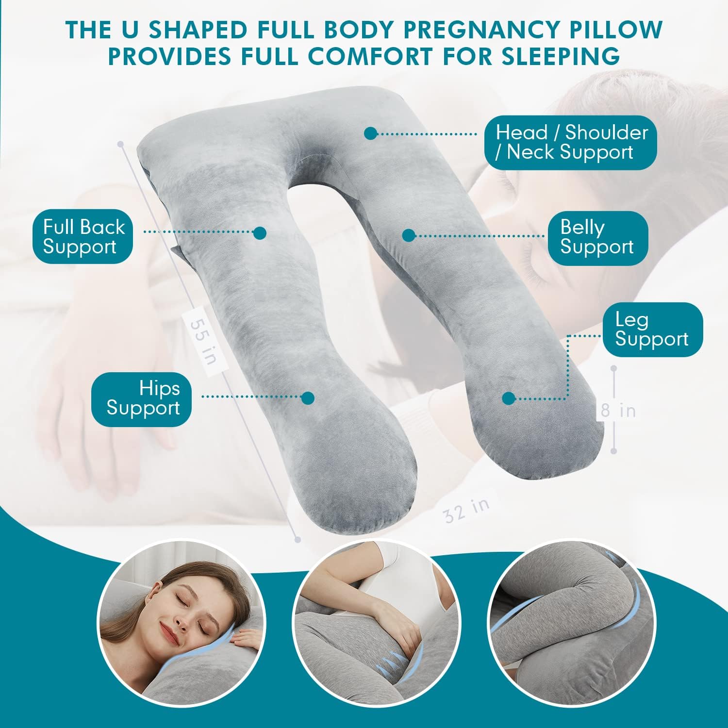JOHNPEY Almohadas de embarazo para dormir, almohada de cuerpo completo en forma de U, almohada de maternidad imprescindible para el embarazo con