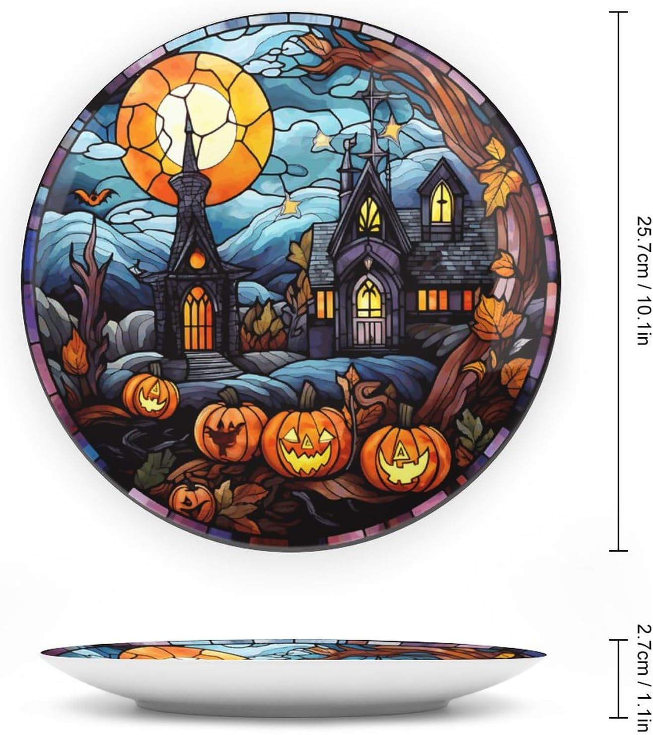 Platos decorativos de Halloween, diseño de casa embrujada, escena nocturna, vitral, placa de cena de cerámica para el hogar con soporte de